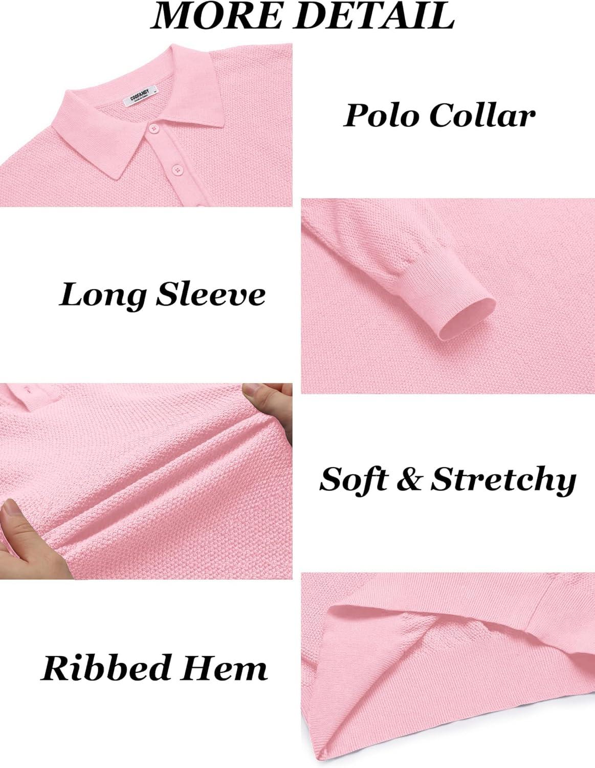 imageCOOFANDY Mens Knit Polo Shirts Long Sleeve Casual Polo Sweaters Shirt Waffle Textured Collared SweaterDark Pink
