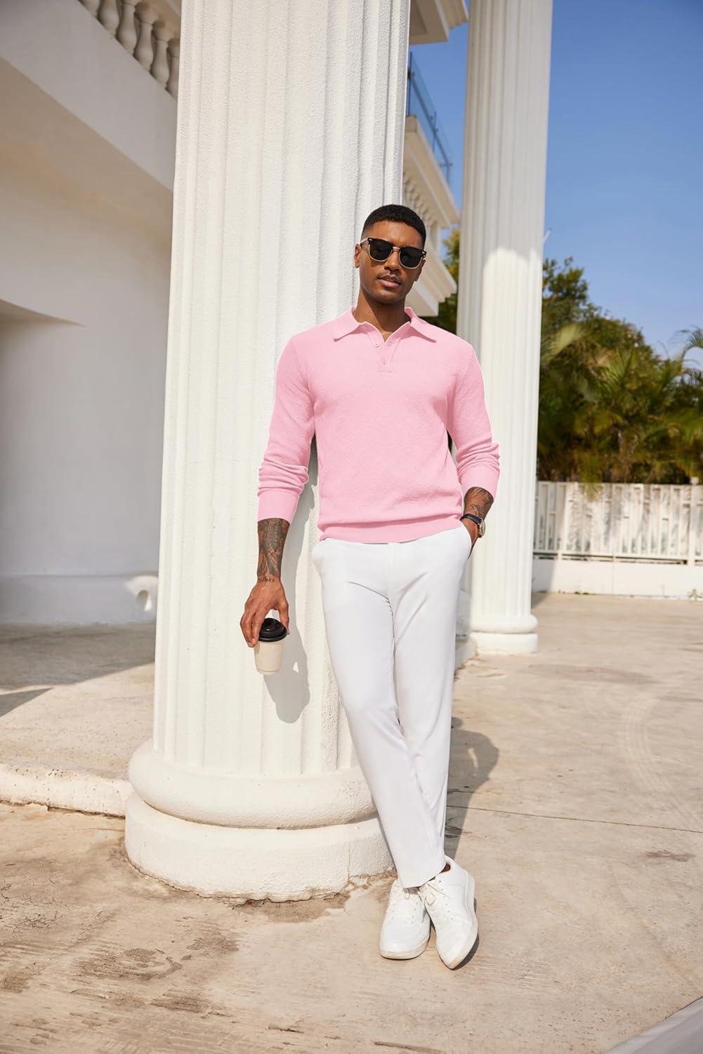 imageCOOFANDY Mens Knit Polo Shirts Long Sleeve Casual Polo Sweaters Shirt Waffle Textured Collared SweaterDark Pink