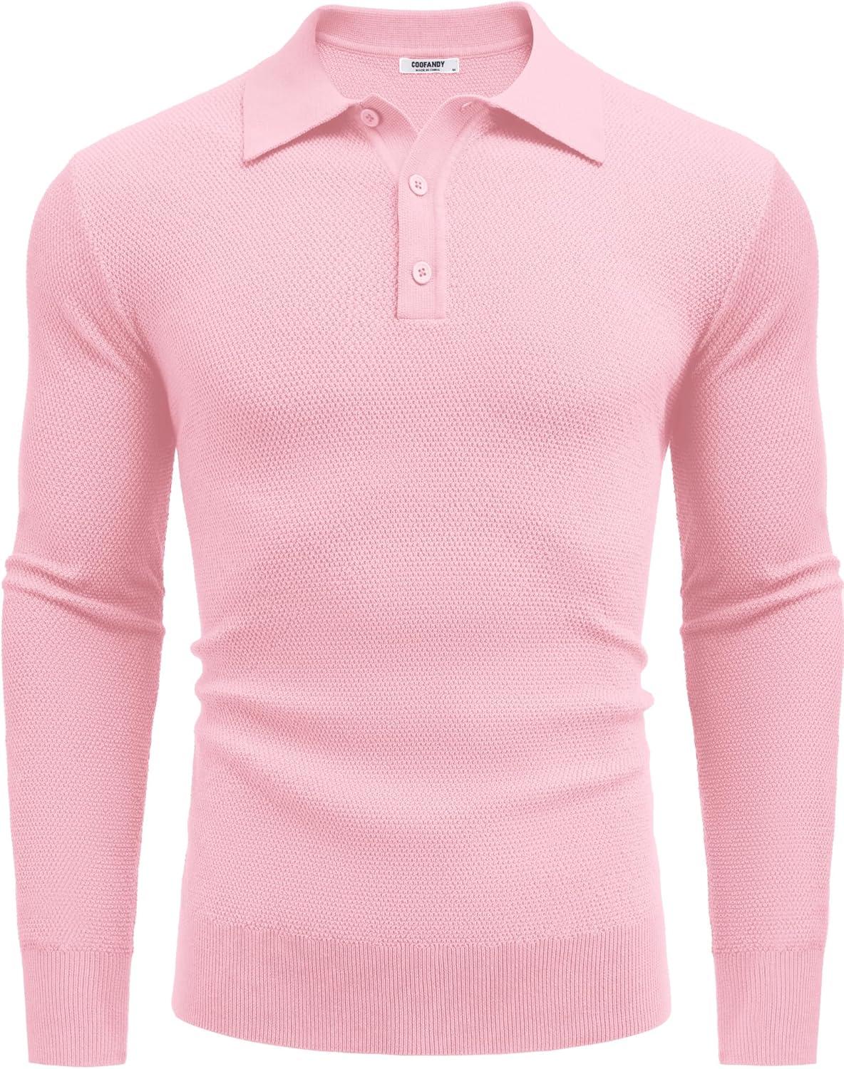 imageCOOFANDY Mens Knit Polo Shirts Long Sleeve Casual Polo Sweaters Shirt Waffle Textured Collared SweaterDark Pink