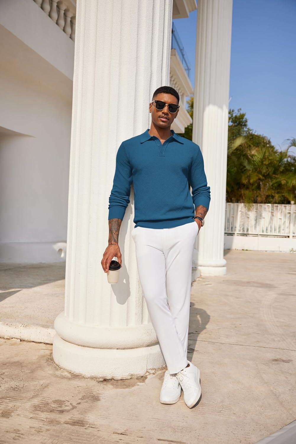 imageCOOFANDY Mens Knit Polo Shirts Long Sleeve Casual Polo Sweaters Shirt Waffle Textured Collared SweaterDeep Blue