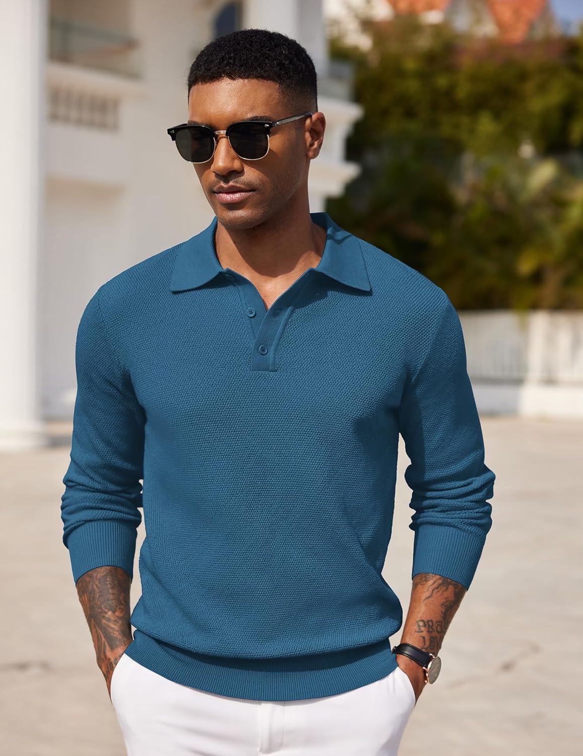 imageCOOFANDY Mens Knit Polo Shirts Long Sleeve Casual Polo Sweaters Shirt Waffle Textured Collared SweaterDeep Blue
