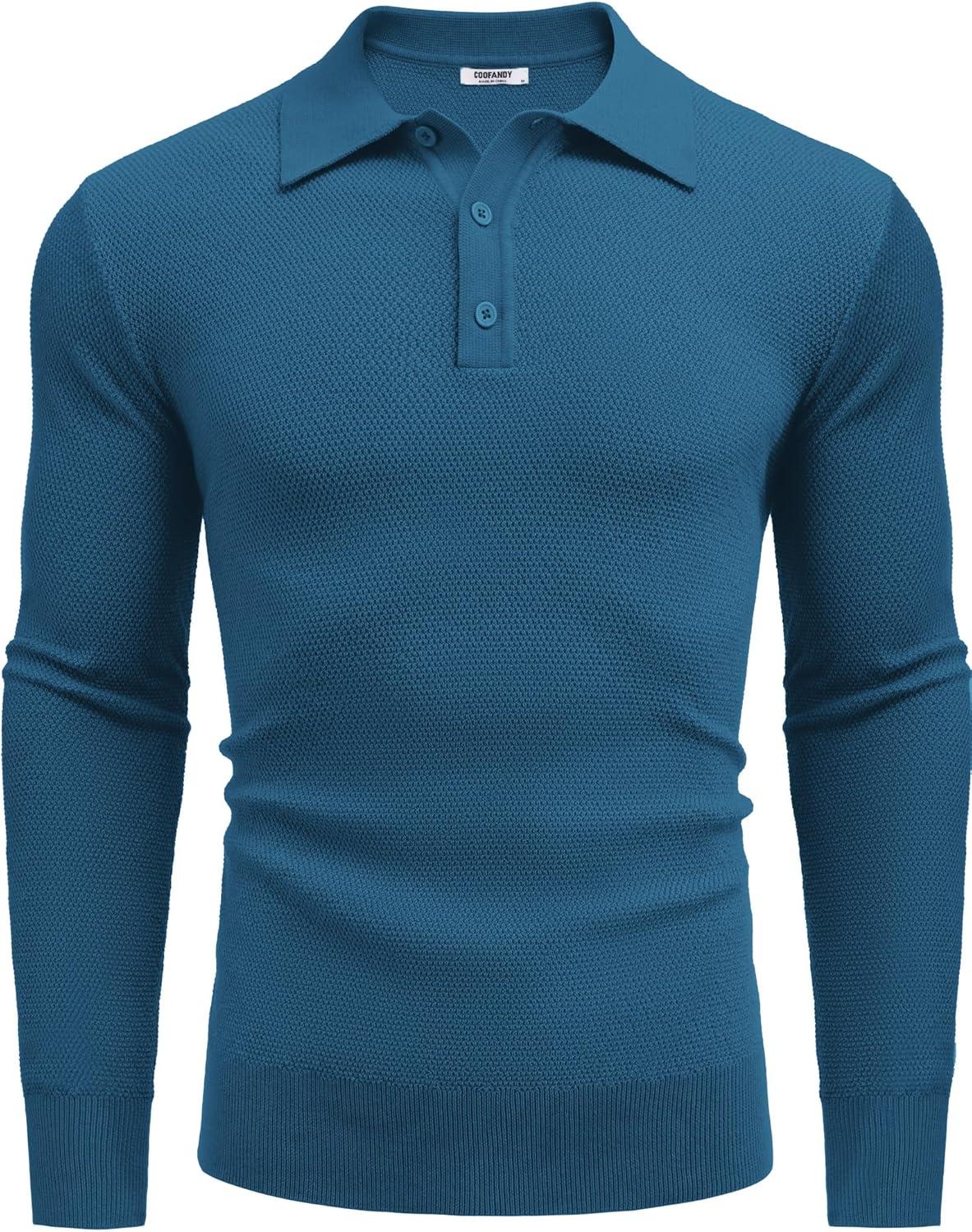 imageCOOFANDY Mens Knit Polo Shirts Long Sleeve Casual Polo Sweaters Shirt Waffle Textured Collared SweaterDeep Blue