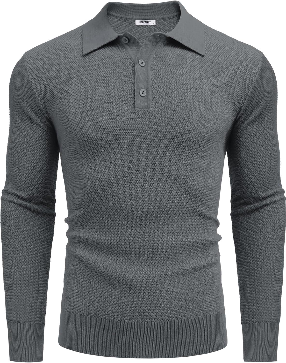 imageCOOFANDY Mens Knit Polo Shirts Long Sleeve Casual Polo Sweaters Shirt Waffle Textured Collared SweaterDeep Grey