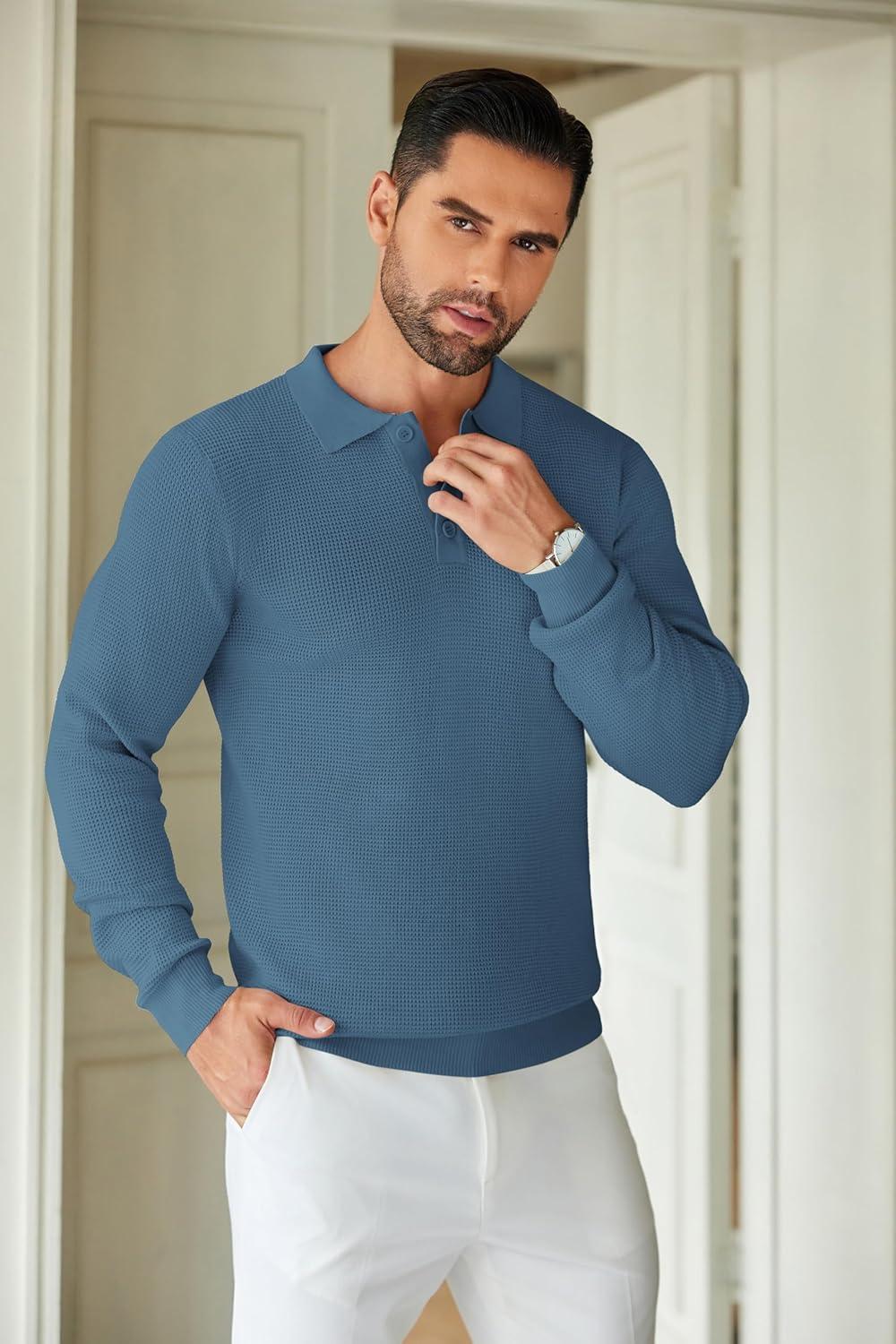 imageCOOFANDY Mens Knit Polo Shirts Long Sleeve Casual Polo Sweaters Shirt Waffle Textured Collared SweaterDenim Blue