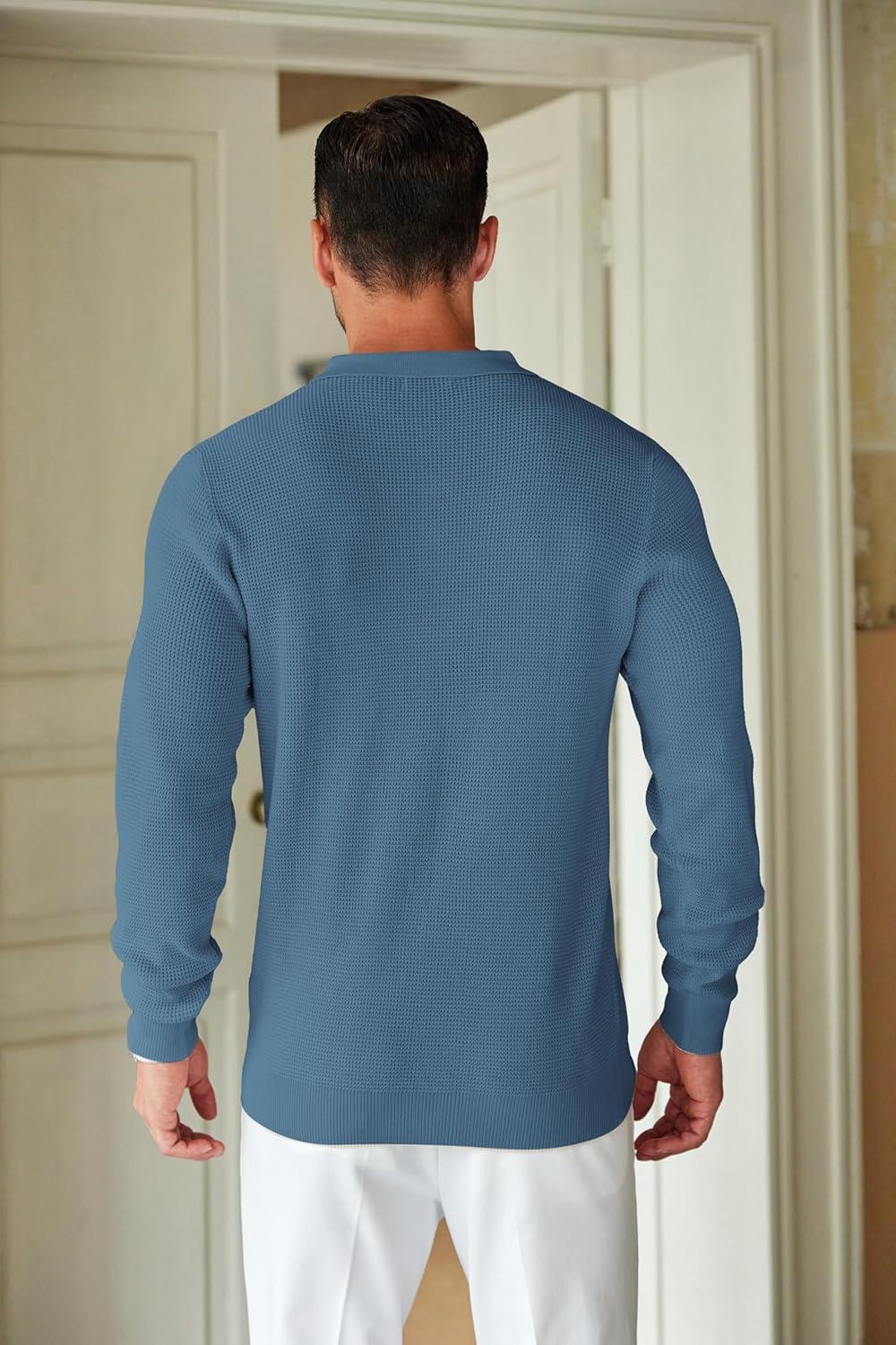 imageCOOFANDY Mens Knit Polo Shirts Long Sleeve Casual Polo Sweaters Shirt Waffle Textured Collared SweaterDenim Blue