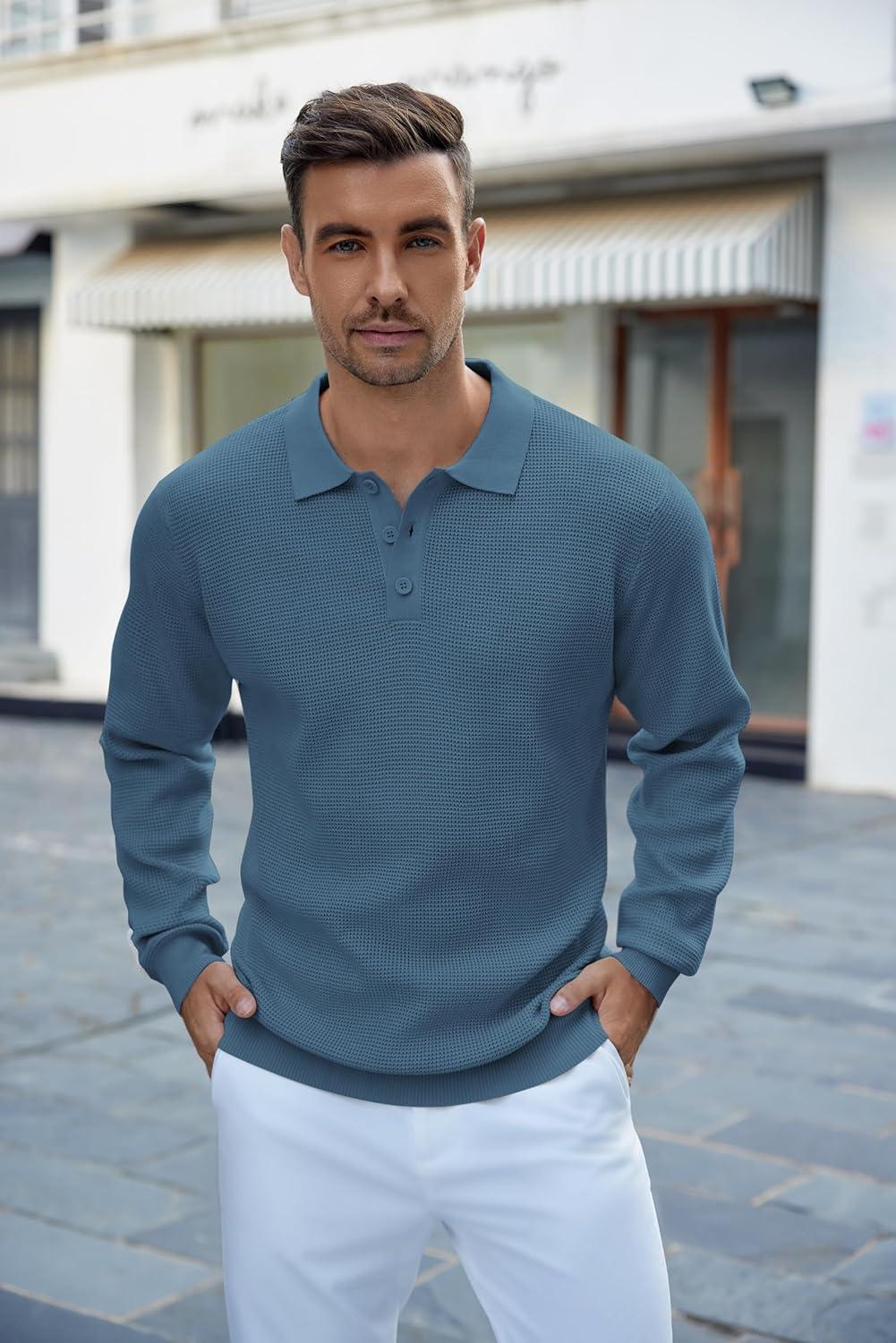 imageCOOFANDY Mens Knit Polo Shirts Long Sleeve Casual Polo Sweaters Shirt Waffle Textured Collared SweaterDenim Blue
