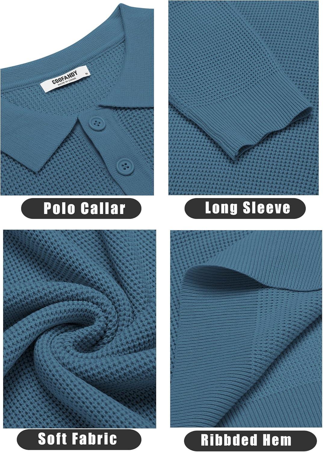 imageCOOFANDY Mens Knit Polo Shirts Long Sleeve Casual Polo Sweaters Shirt Waffle Textured Collared SweaterDenim Blue