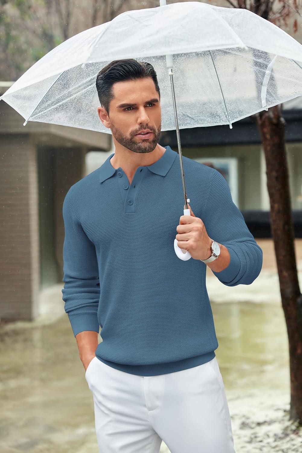 imageCOOFANDY Mens Knit Polo Shirts Long Sleeve Casual Polo Sweaters Shirt Waffle Textured Collared SweaterDenim Blue