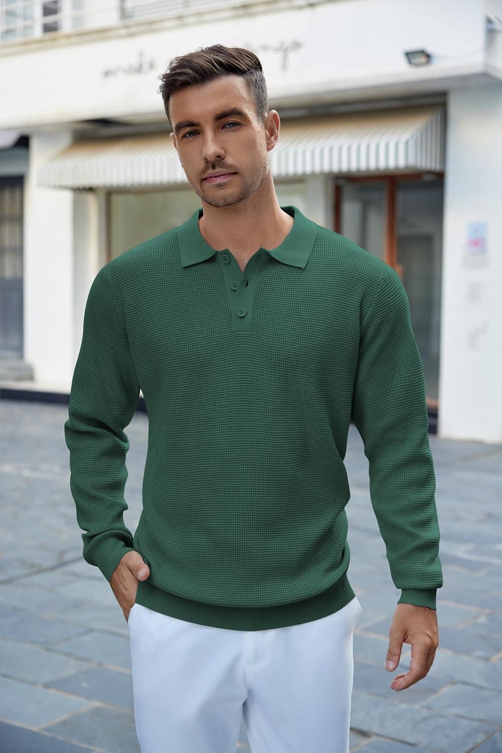 imageCOOFANDY Mens Knit Polo Shirts Long Sleeve Casual Polo Sweaters Shirt Waffle Textured Collared SweaterDrak Green