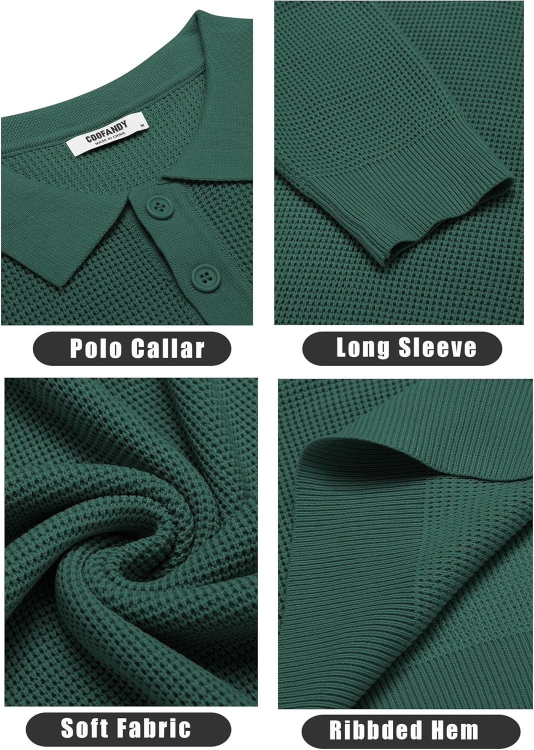 imageCOOFANDY Mens Knit Polo Shirts Long Sleeve Casual Polo Sweaters Shirt Waffle Textured Collared SweaterDrak Green