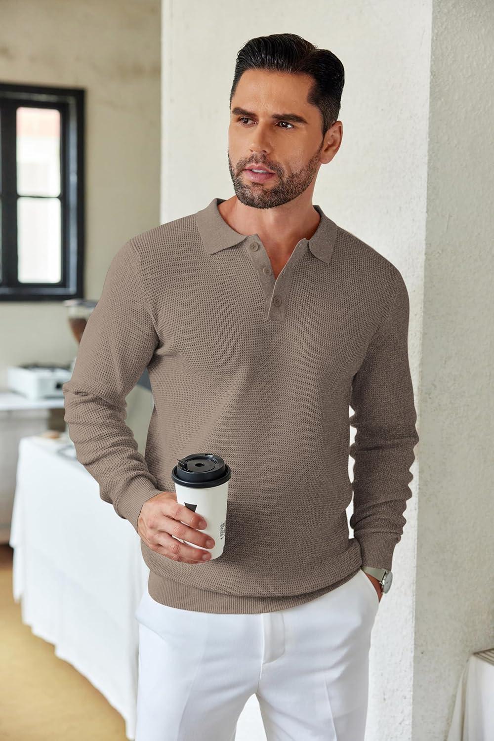 imageCOOFANDY Mens Knit Polo Shirts Long Sleeve Casual Polo Sweaters Shirt Waffle Textured Collared SweaterGray Camel