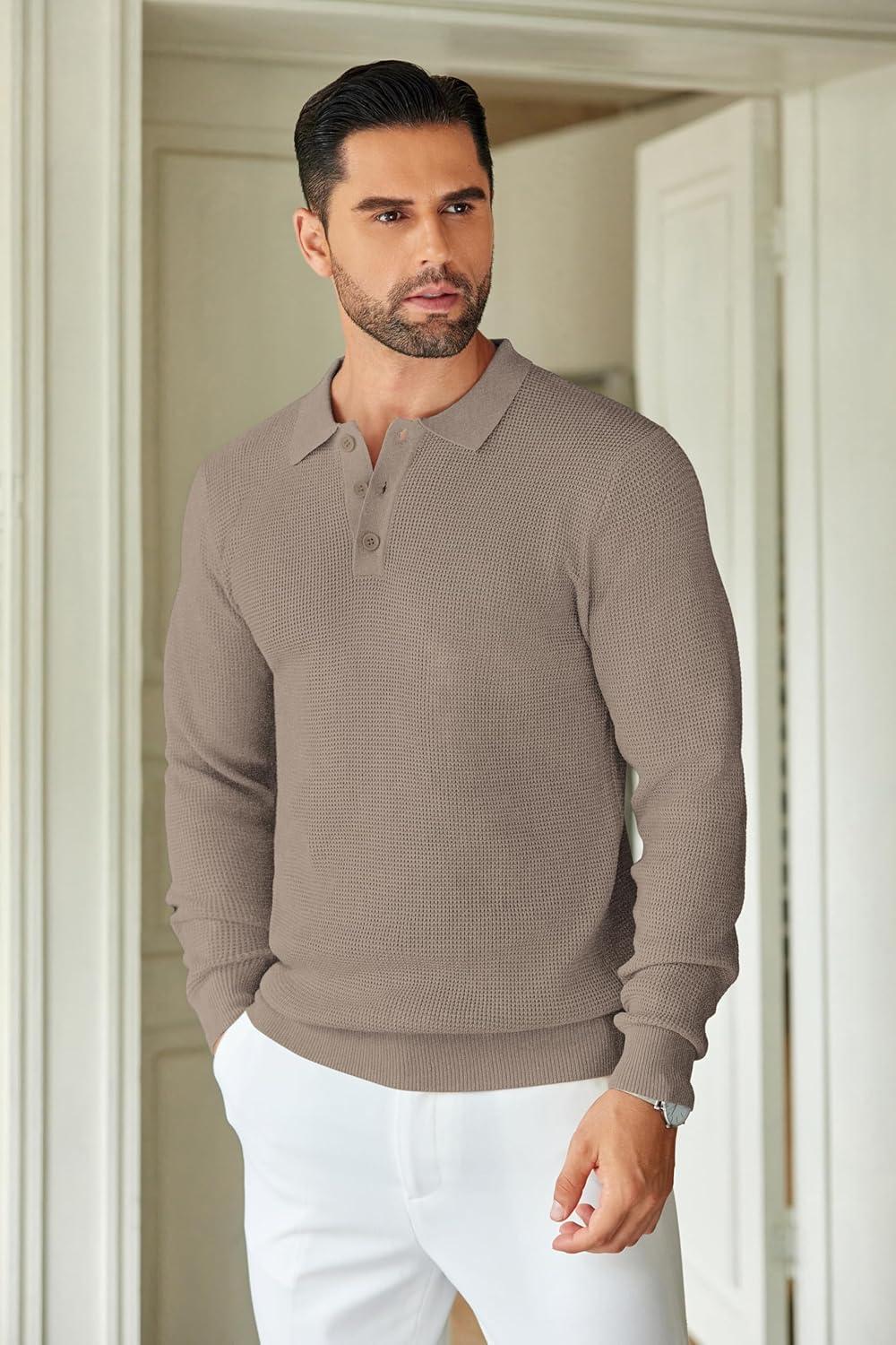 imageCOOFANDY Mens Knit Polo Shirts Long Sleeve Casual Polo Sweaters Shirt Waffle Textured Collared SweaterGray Camel