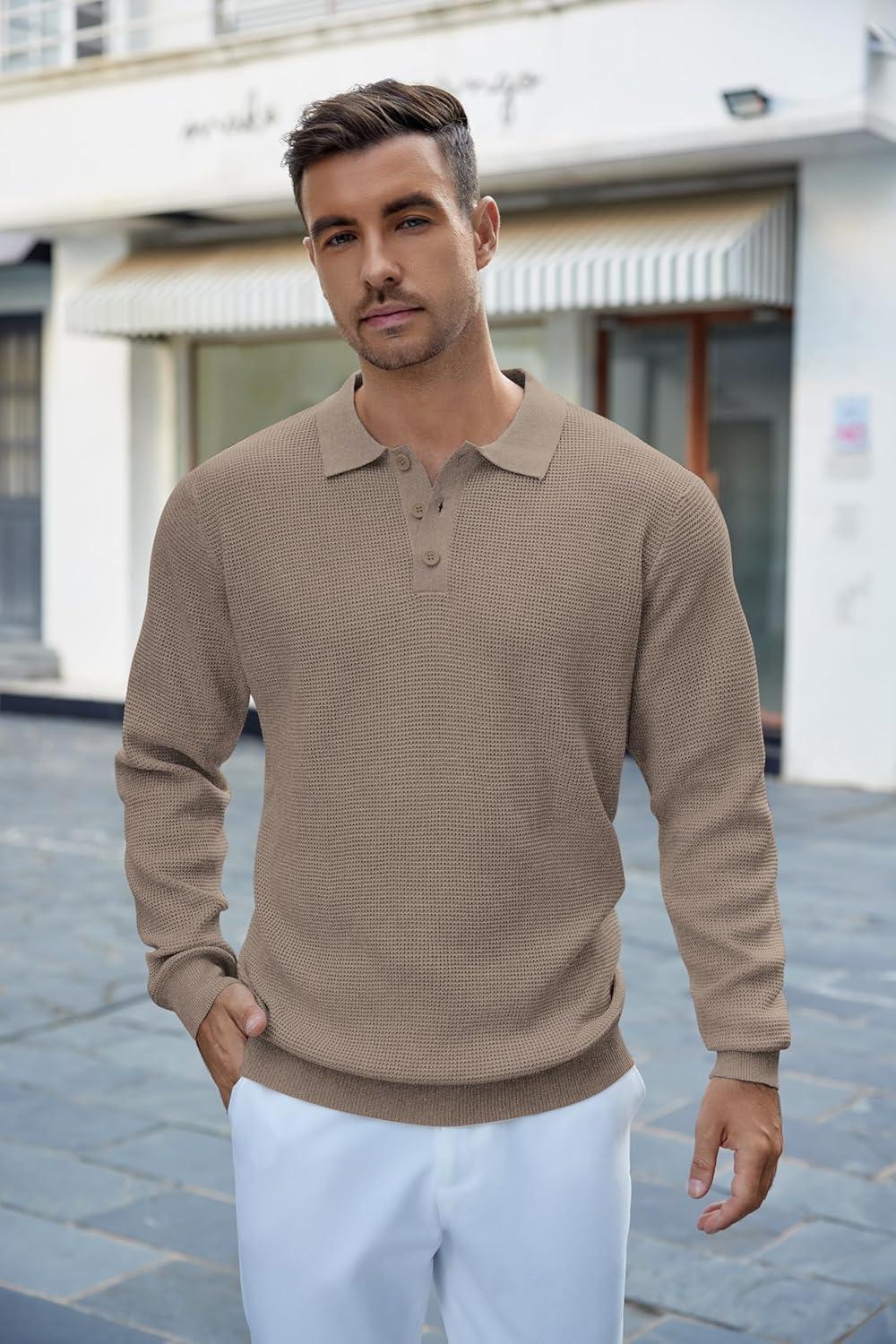 imageCOOFANDY Mens Knit Polo Shirts Long Sleeve Casual Polo Sweaters Shirt Waffle Textured Collared SweaterGray Camel