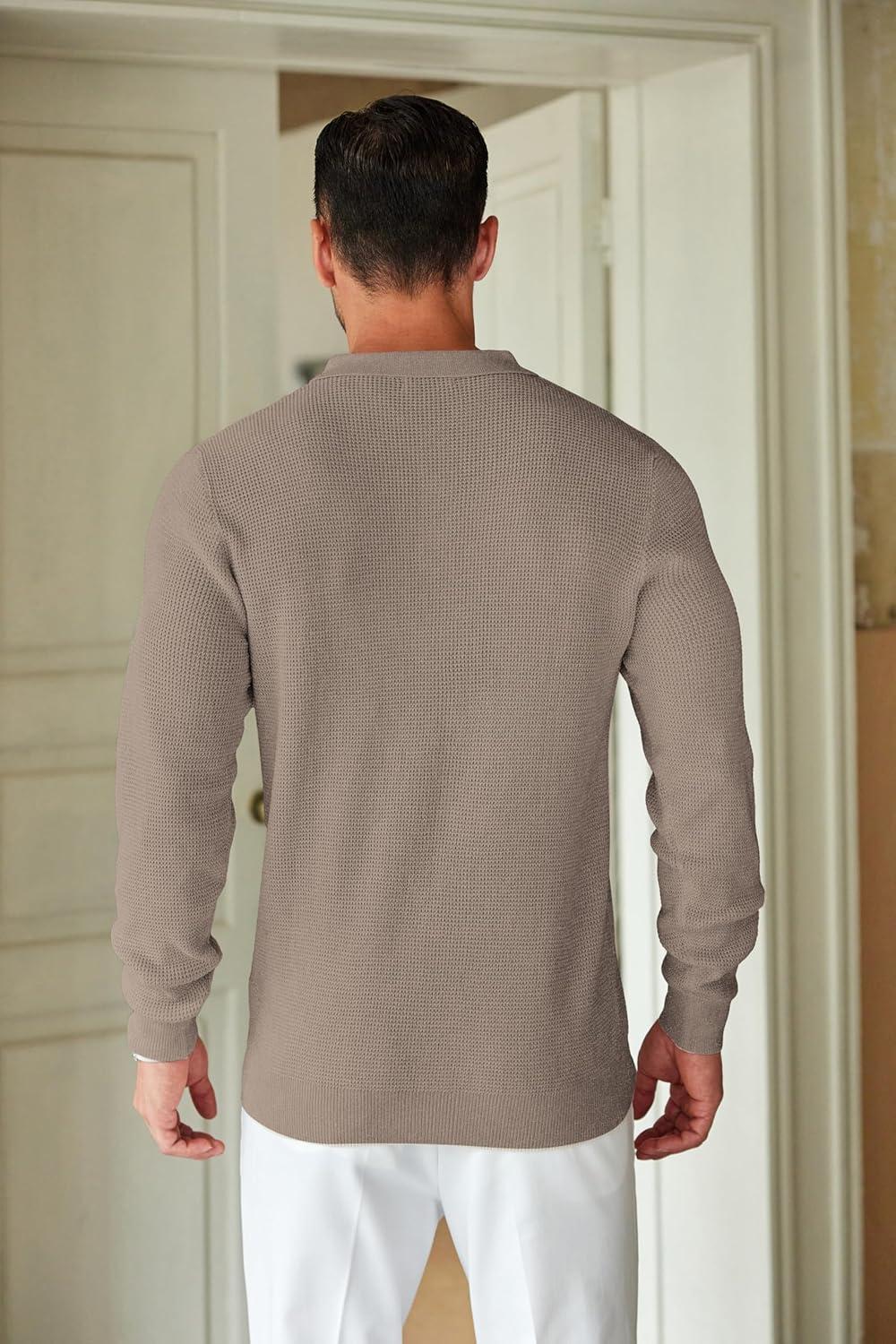 imageCOOFANDY Mens Knit Polo Shirts Long Sleeve Casual Polo Sweaters Shirt Waffle Textured Collared SweaterGray Camel