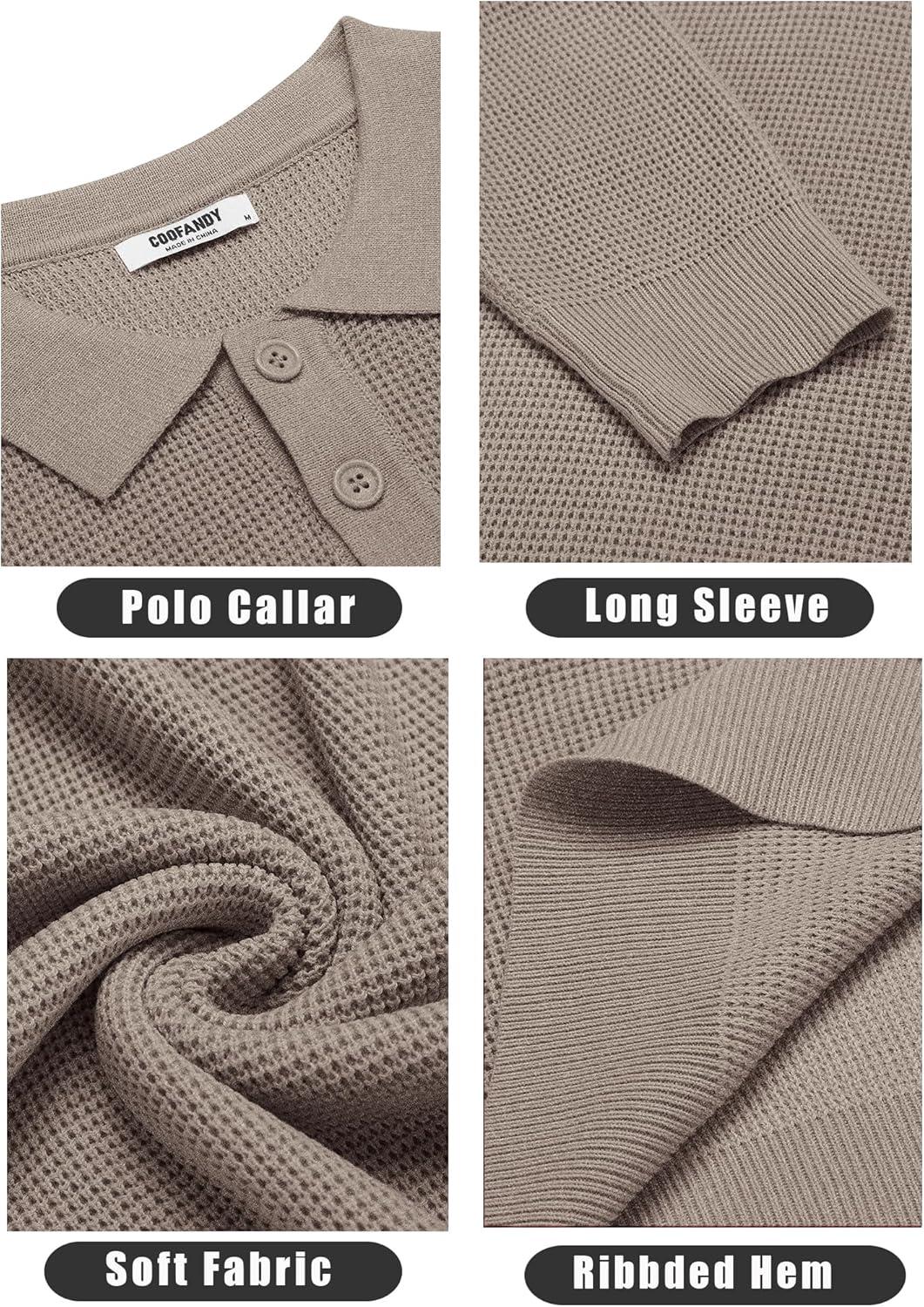 imageCOOFANDY Mens Knit Polo Shirts Long Sleeve Casual Polo Sweaters Shirt Waffle Textured Collared SweaterGray Camel
