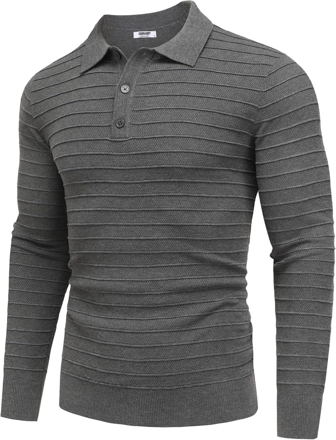 imageCOOFANDY Mens Knit Polo Shirts Long Sleeve Casual Polo Sweaters Shirt Waffle Textured Collared SweaterGray Textured Stripes1