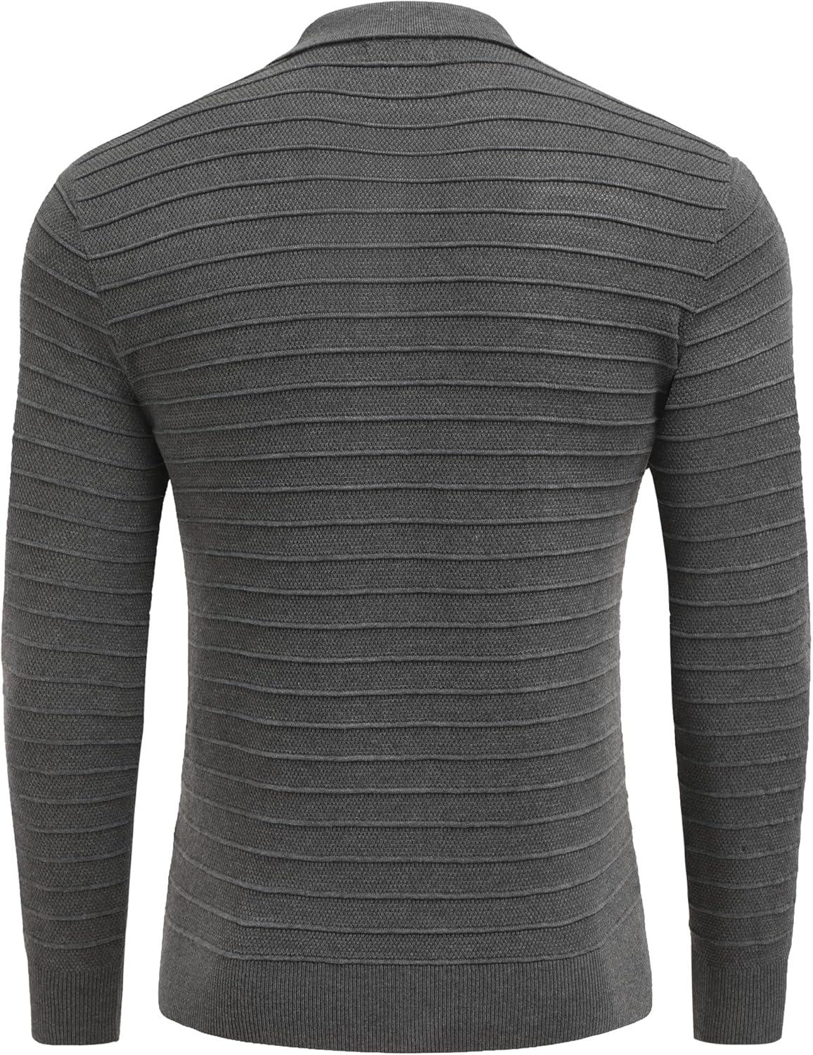 imageCOOFANDY Mens Knit Polo Shirts Long Sleeve Casual Polo Sweaters Shirt Waffle Textured Collared SweaterGray Textured Stripes1