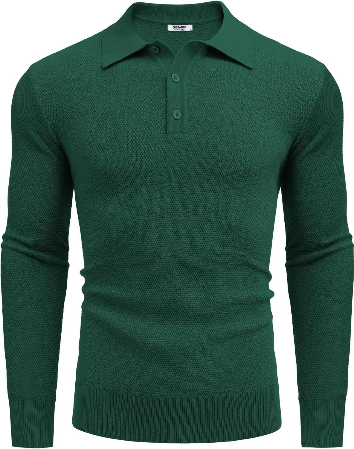 imageCOOFANDY Mens Knit Polo Shirts Long Sleeve Casual Polo Sweaters Shirt Waffle Textured Collared SweaterGreen