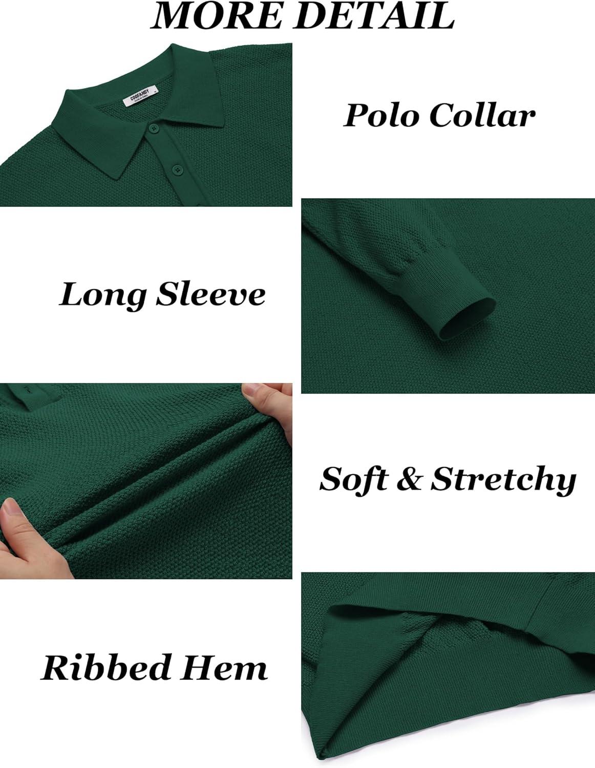 imageCOOFANDY Mens Knit Polo Shirts Long Sleeve Casual Polo Sweaters Shirt Waffle Textured Collared SweaterGreen