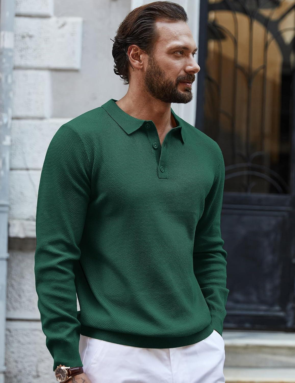 imageCOOFANDY Mens Knit Polo Shirts Long Sleeve Casual Polo Sweaters Shirt Waffle Textured Collared SweaterGreen