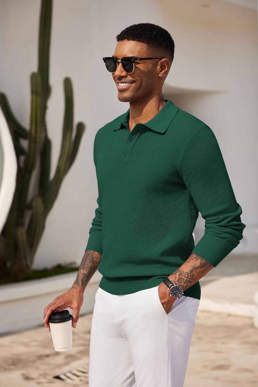 imageCOOFANDY Mens Knit Polo Shirts Long Sleeve Casual Polo Sweaters Shirt Waffle Textured Collared SweaterGreen