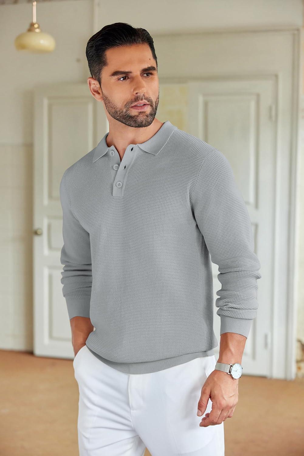 imageCOOFANDY Mens Knit Polo Shirts Long Sleeve Casual Polo Sweaters Shirt Waffle Textured Collared SweaterGrey