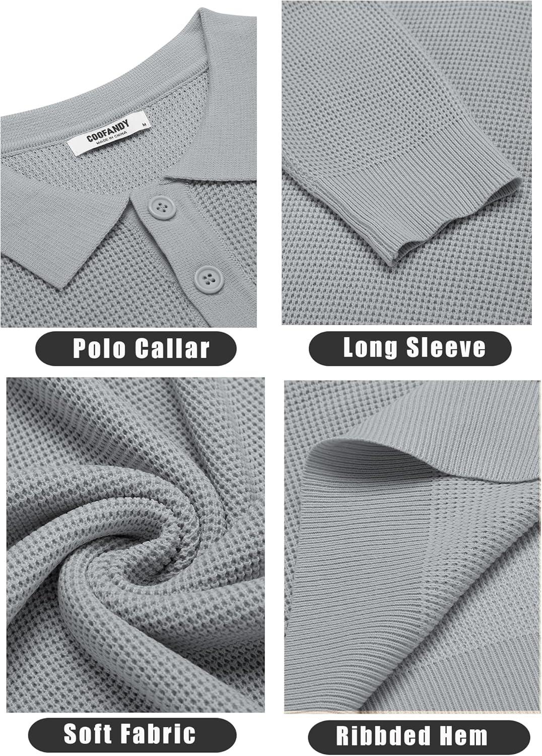 imageCOOFANDY Mens Knit Polo Shirts Long Sleeve Casual Polo Sweaters Shirt Waffle Textured Collared SweaterGrey