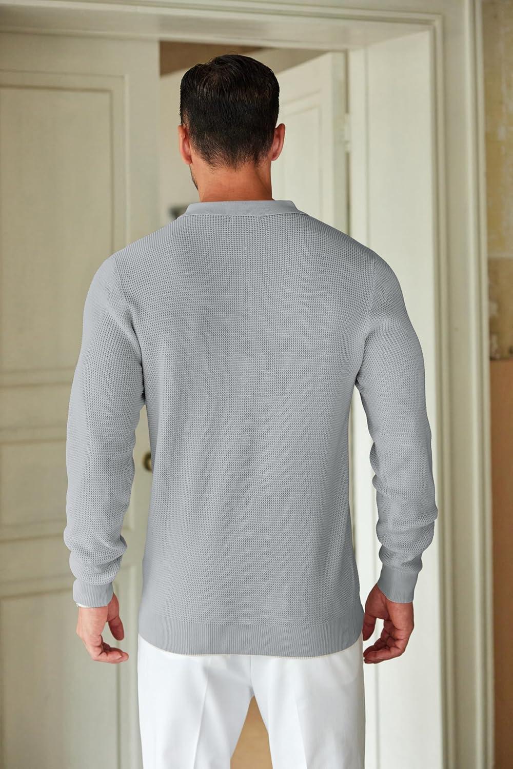 imageCOOFANDY Mens Knit Polo Shirts Long Sleeve Casual Polo Sweaters Shirt Waffle Textured Collared SweaterGrey