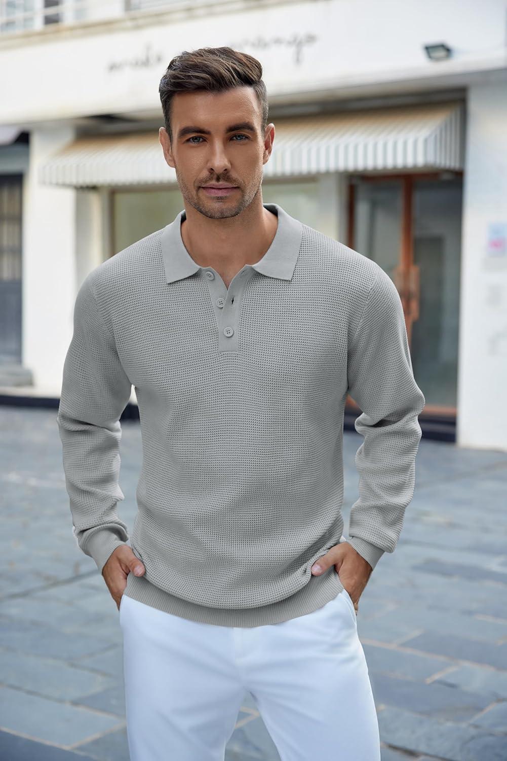 imageCOOFANDY Mens Knit Polo Shirts Long Sleeve Casual Polo Sweaters Shirt Waffle Textured Collared SweaterGrey