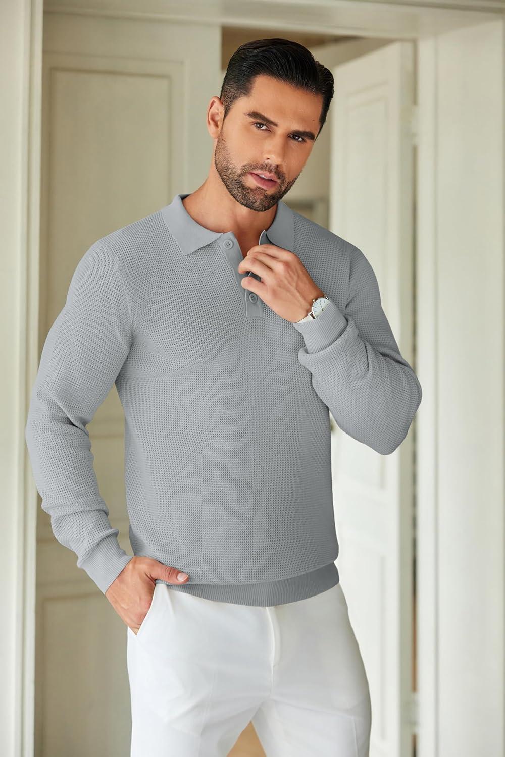 imageCOOFANDY Mens Knit Polo Shirts Long Sleeve Casual Polo Sweaters Shirt Waffle Textured Collared SweaterGrey