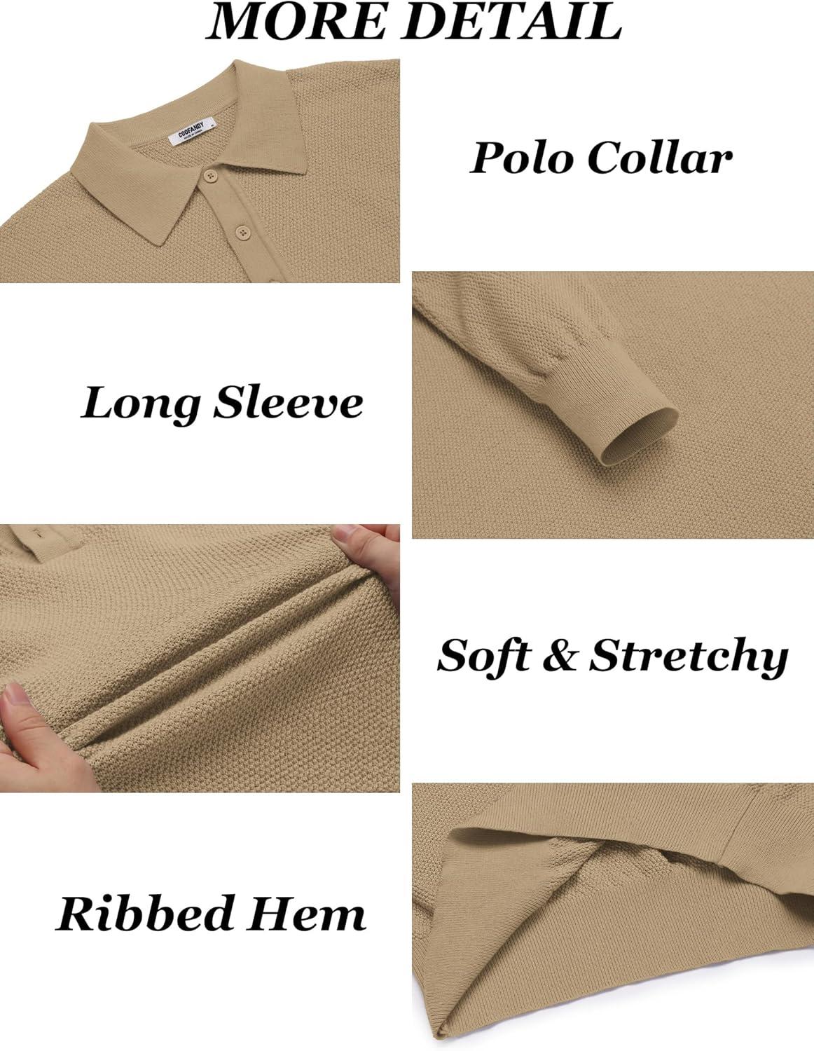 imageCOOFANDY Mens Knit Polo Shirts Long Sleeve Casual Polo Sweaters Shirt Waffle Textured Collared SweaterKhaki