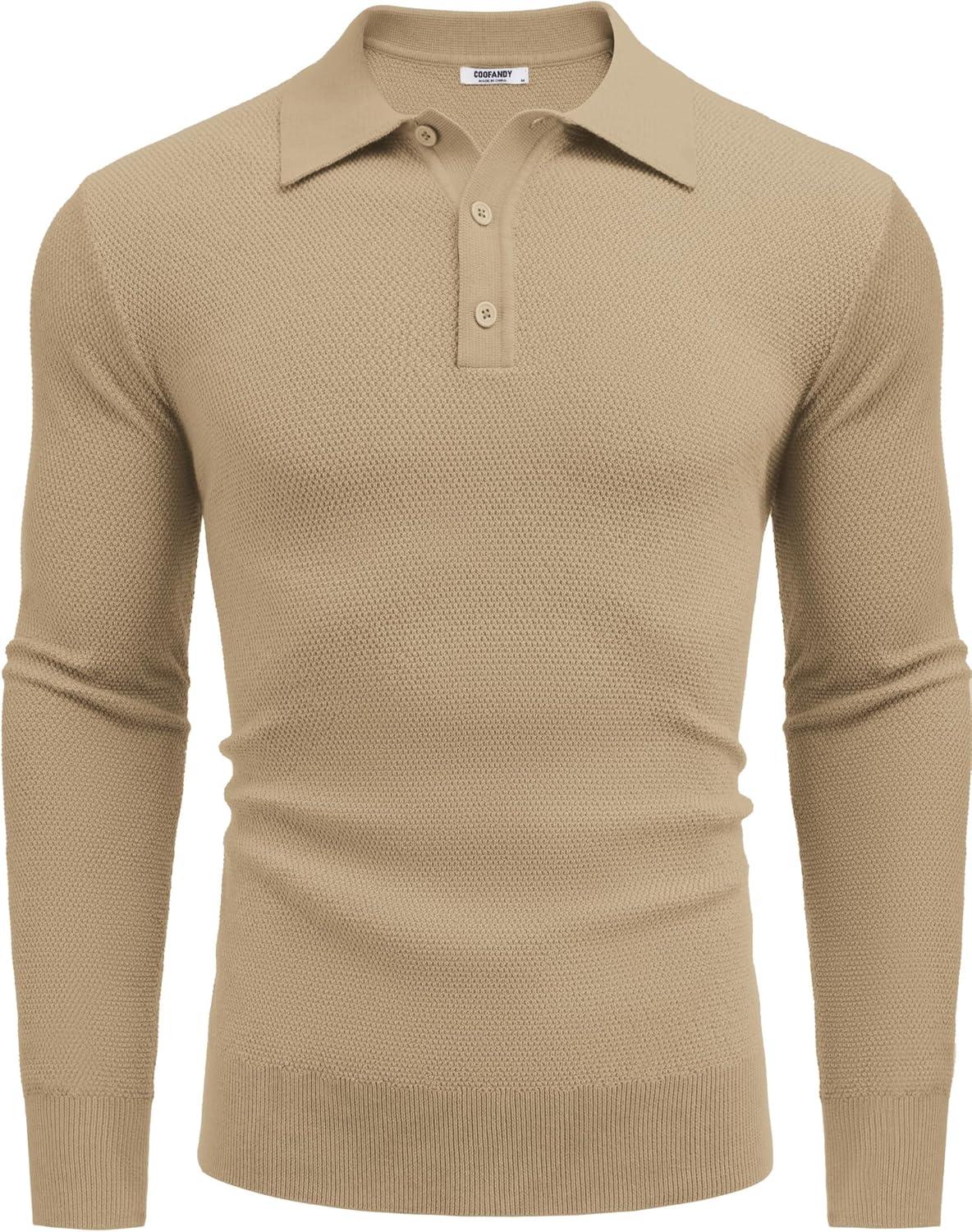 imageCOOFANDY Mens Knit Polo Shirts Long Sleeve Casual Polo Sweaters Shirt Waffle Textured Collared SweaterKhaki