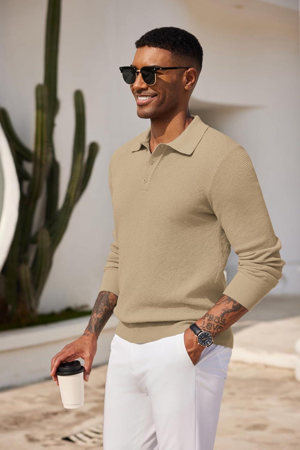 imageCOOFANDY Mens Knit Polo Shirts Long Sleeve Casual Polo Sweaters Shirt Waffle Textured Collared SweaterKhaki