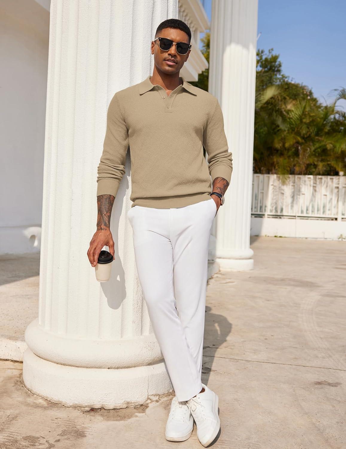 imageCOOFANDY Mens Knit Polo Shirts Long Sleeve Casual Polo Sweaters Shirt Waffle Textured Collared SweaterKhaki