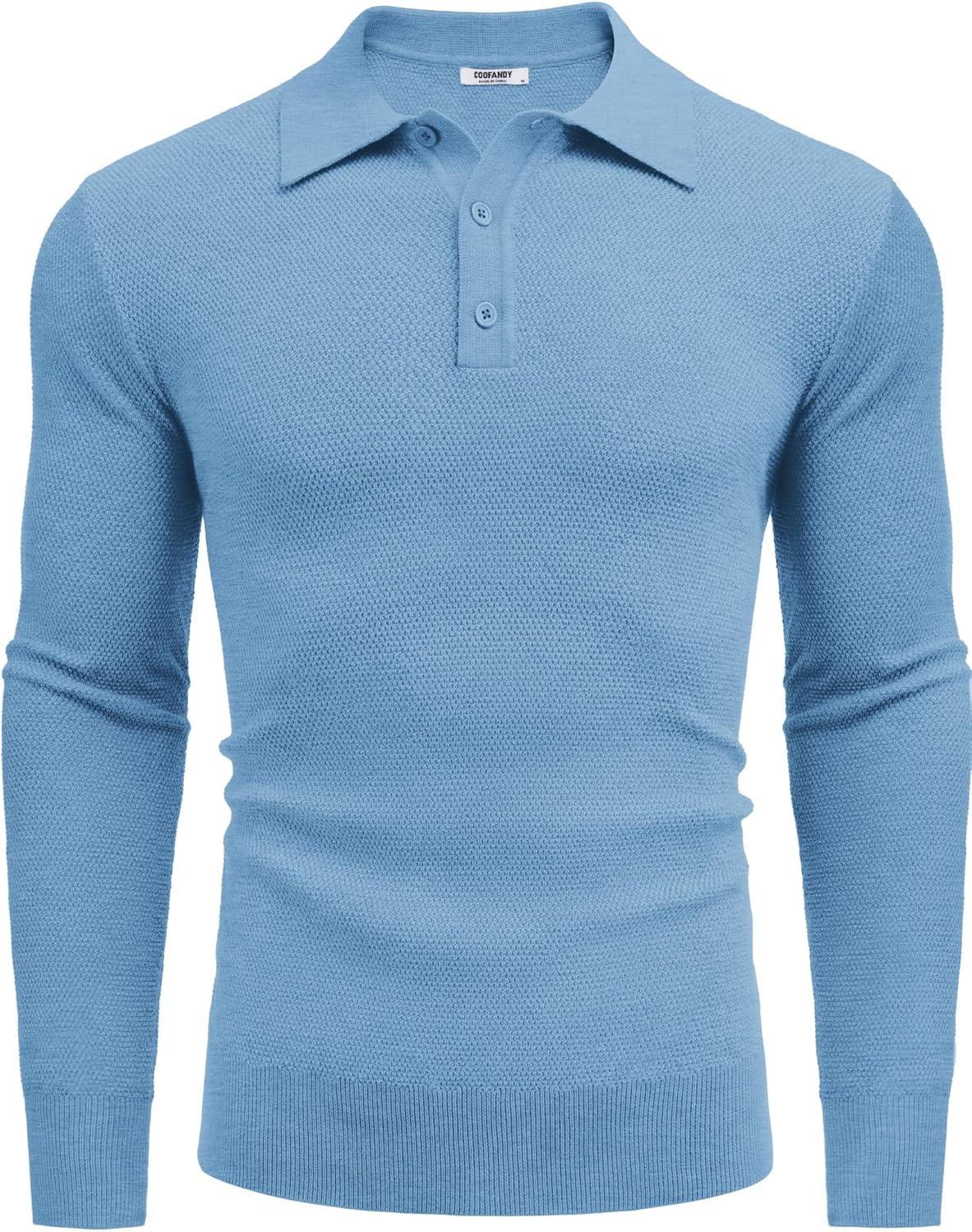 imageCOOFANDY Mens Knit Polo Shirts Long Sleeve Casual Polo Sweaters Shirt Waffle Textured Collared SweaterLight Blue