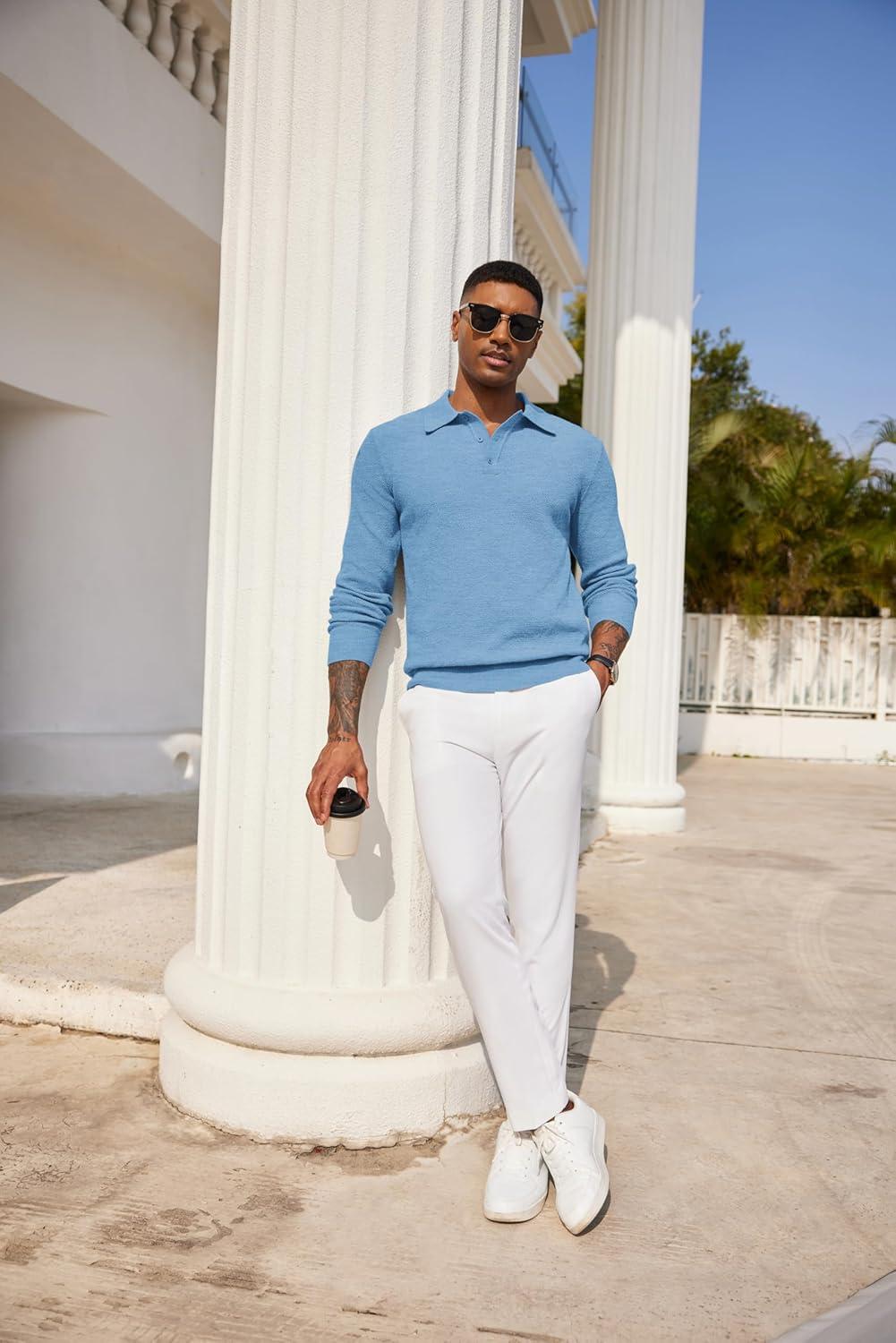 imageCOOFANDY Mens Knit Polo Shirts Long Sleeve Casual Polo Sweaters Shirt Waffle Textured Collared SweaterLight Blue