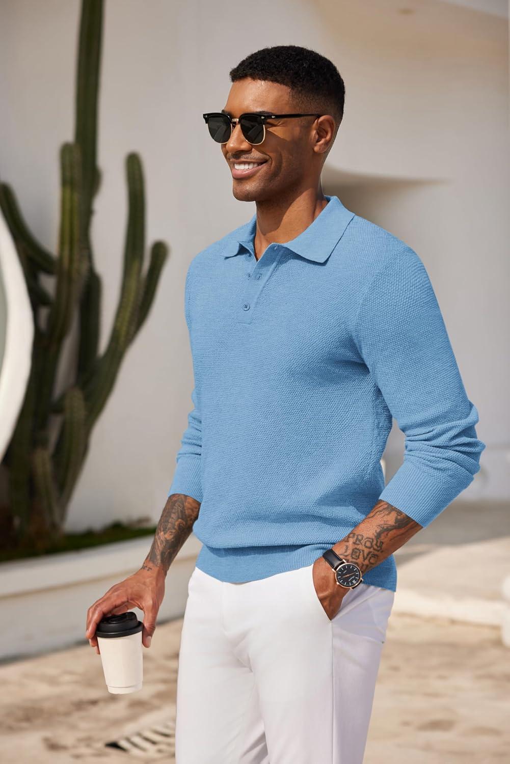 imageCOOFANDY Mens Knit Polo Shirts Long Sleeve Casual Polo Sweaters Shirt Waffle Textured Collared SweaterLight Blue