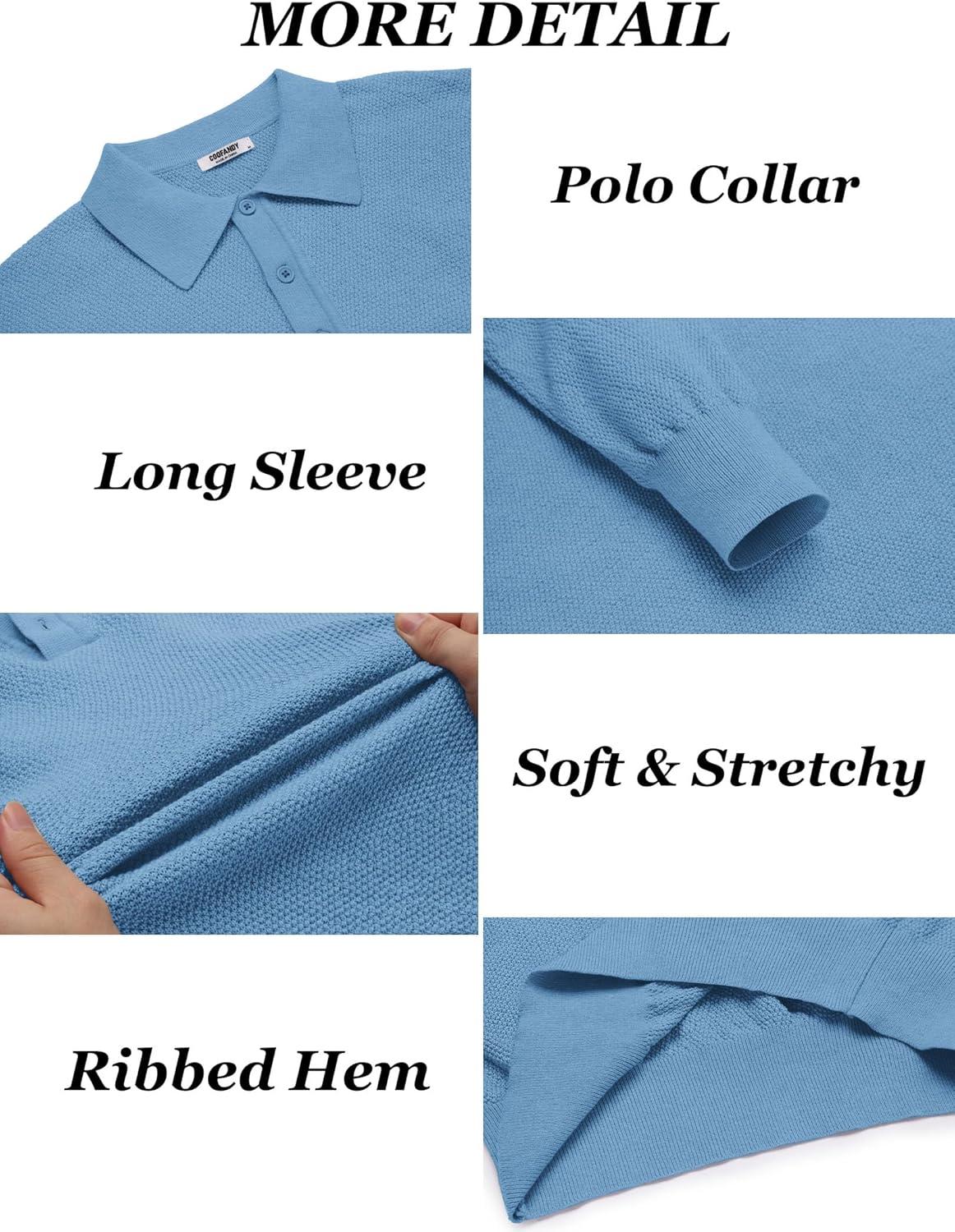 imageCOOFANDY Mens Knit Polo Shirts Long Sleeve Casual Polo Sweaters Shirt Waffle Textured Collared SweaterLight Blue