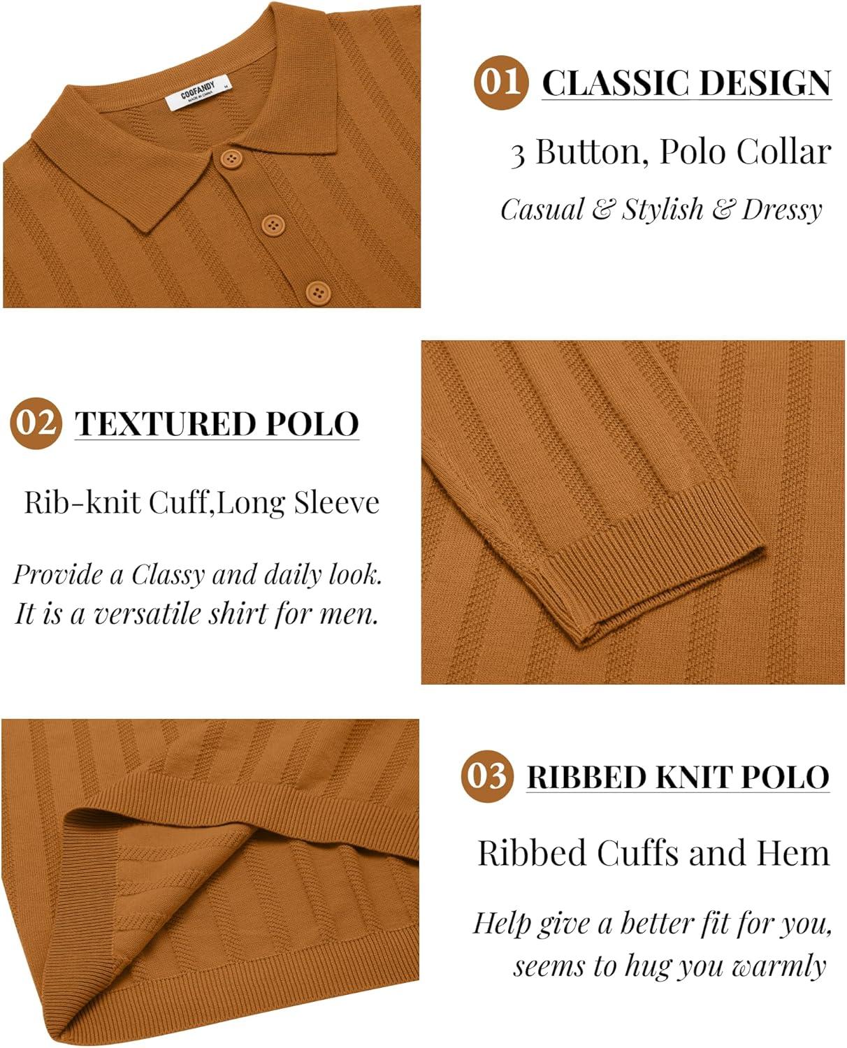 imageCOOFANDY Mens Knit Polo Shirts Long Sleeve Casual Polo Sweaters Shirt Waffle Textured Collared SweaterLight Brown