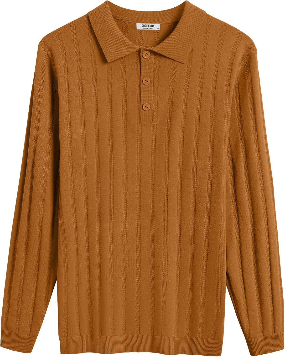 imageCOOFANDY Mens Knit Polo Shirts Long Sleeve Casual Polo Sweaters Shirt Waffle Textured Collared SweaterLight Brown