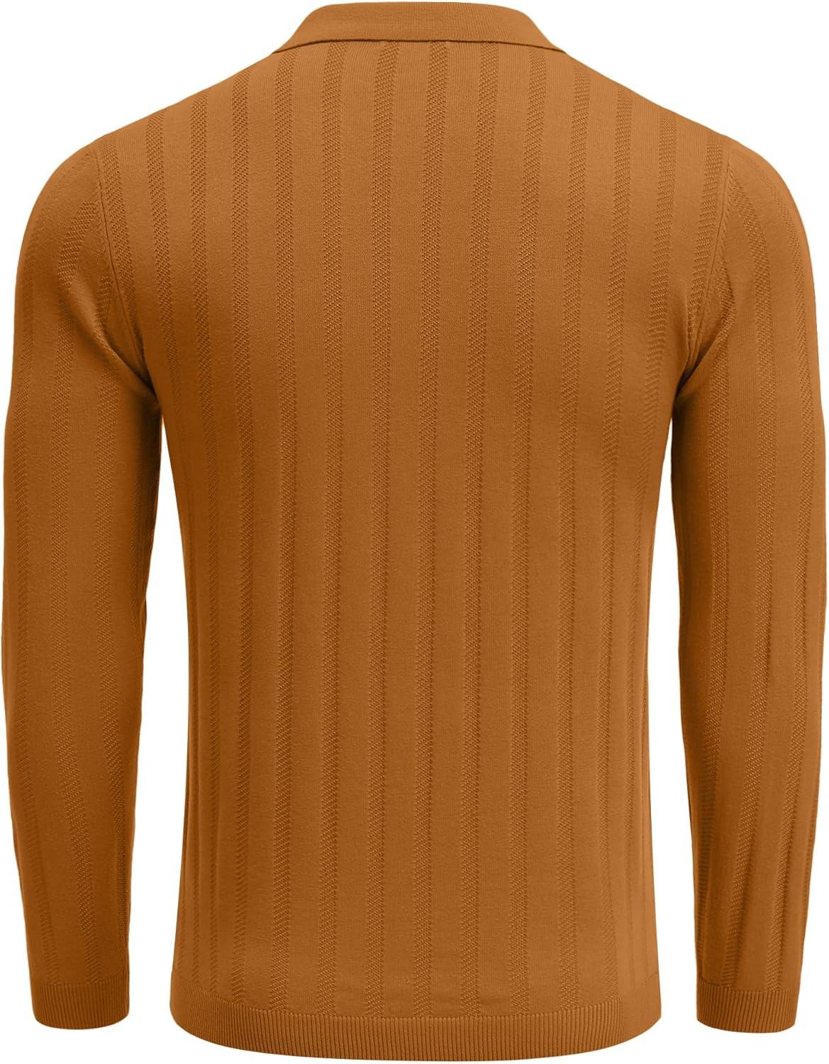 imageCOOFANDY Mens Knit Polo Shirts Long Sleeve Casual Polo Sweaters Shirt Waffle Textured Collared SweaterLight Brown