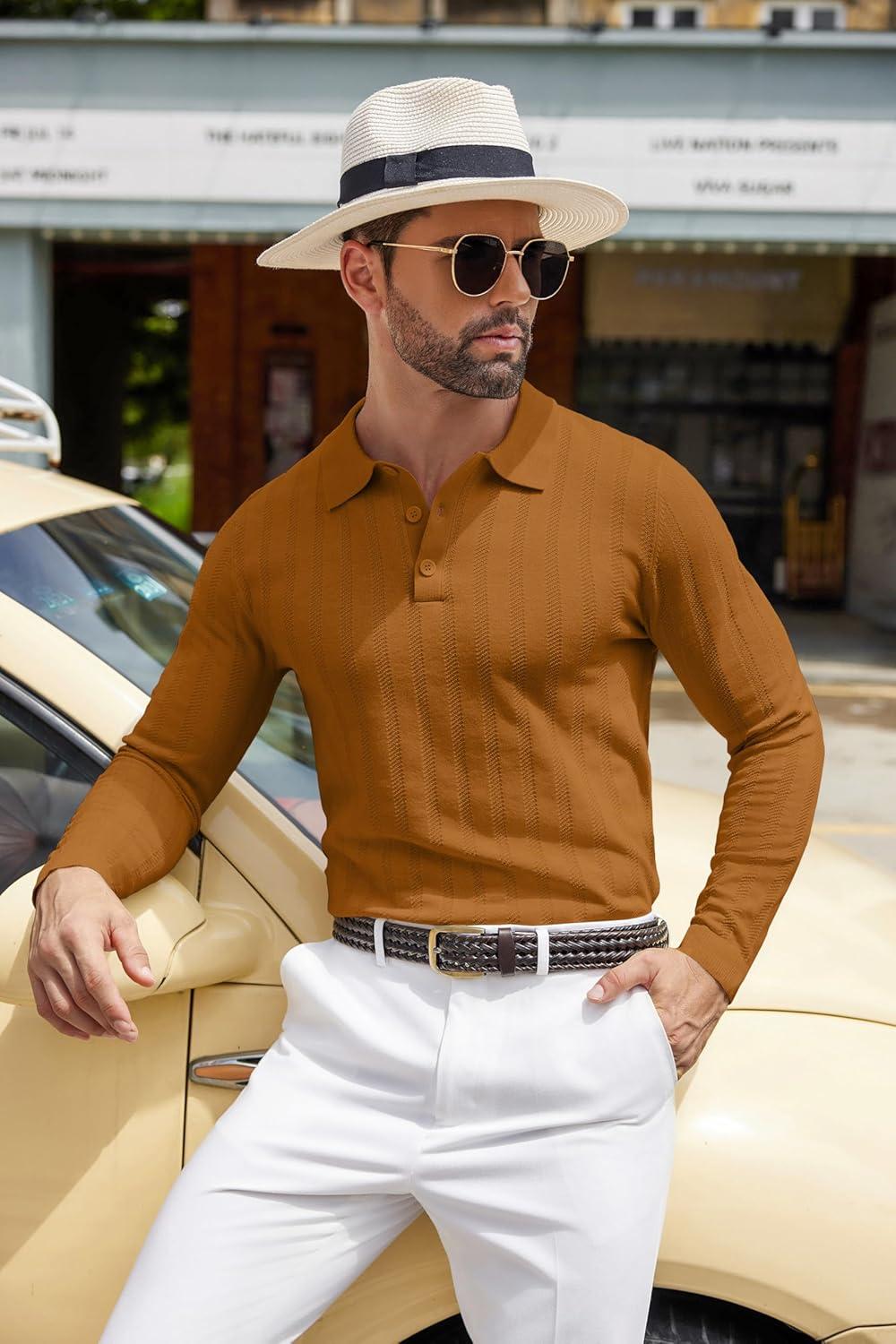 imageCOOFANDY Mens Knit Polo Shirts Long Sleeve Casual Polo Sweaters Shirt Waffle Textured Collared SweaterLight Brown