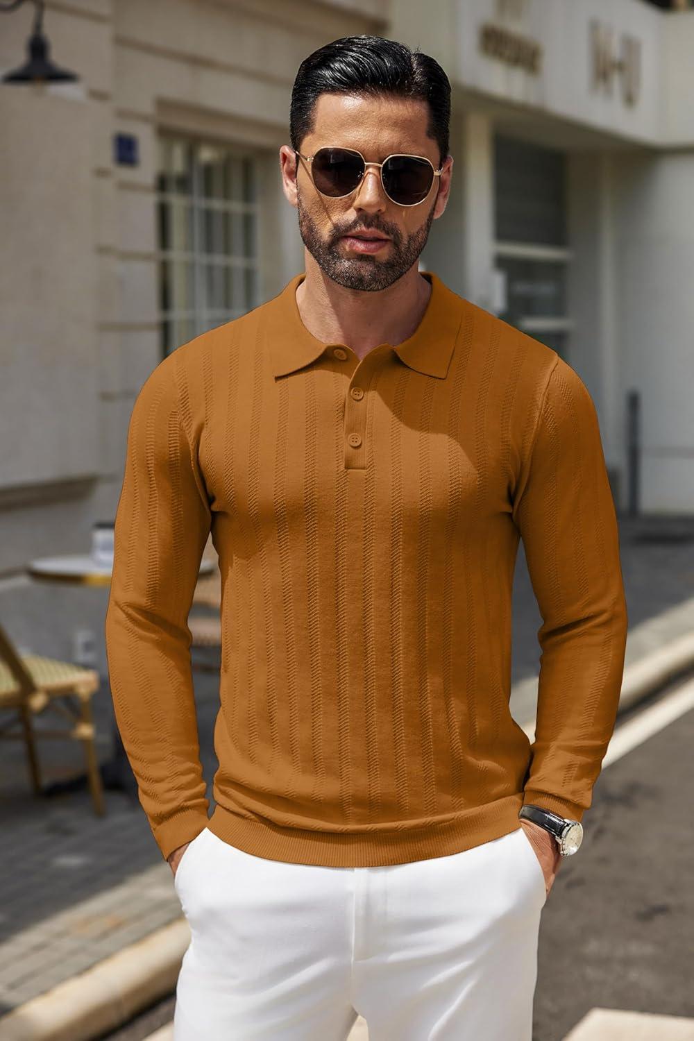 imageCOOFANDY Mens Knit Polo Shirts Long Sleeve Casual Polo Sweaters Shirt Waffle Textured Collared SweaterLight Brown