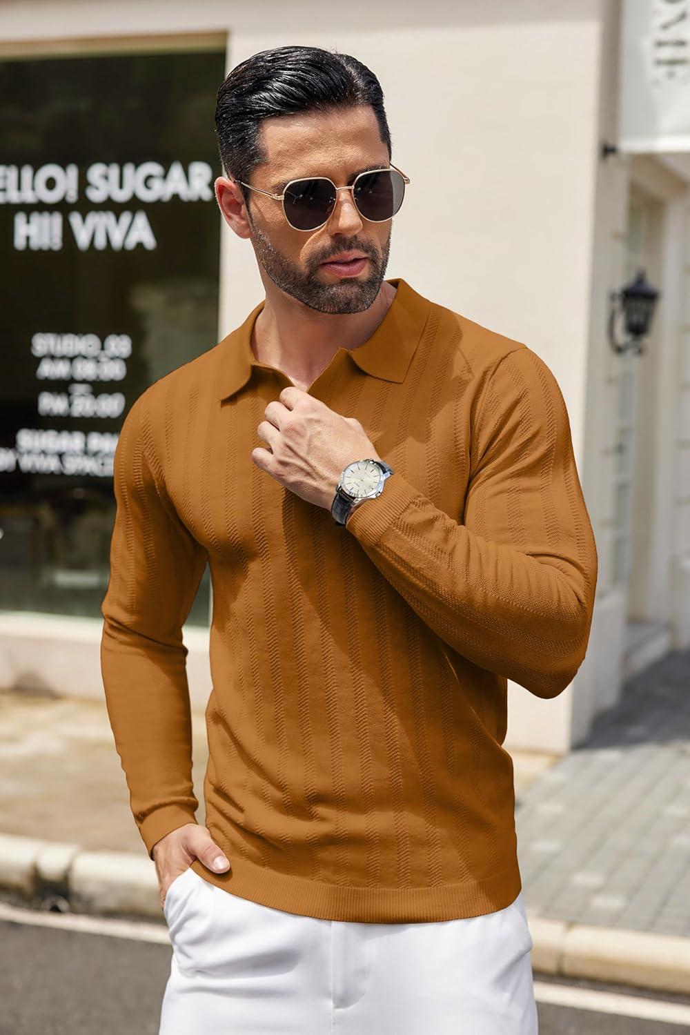 imageCOOFANDY Mens Knit Polo Shirts Long Sleeve Casual Polo Sweaters Shirt Waffle Textured Collared SweaterLight Brown