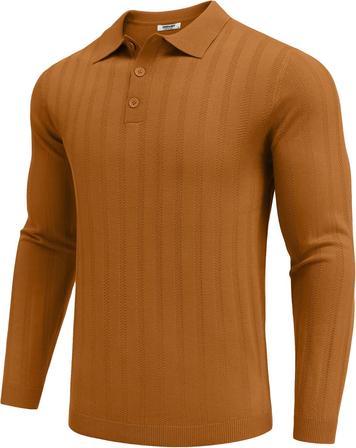 imageCOOFANDY Mens Knit Polo Shirts Long Sleeve Casual Polo Sweaters Shirt Waffle Textured Collared SweaterLight Brown