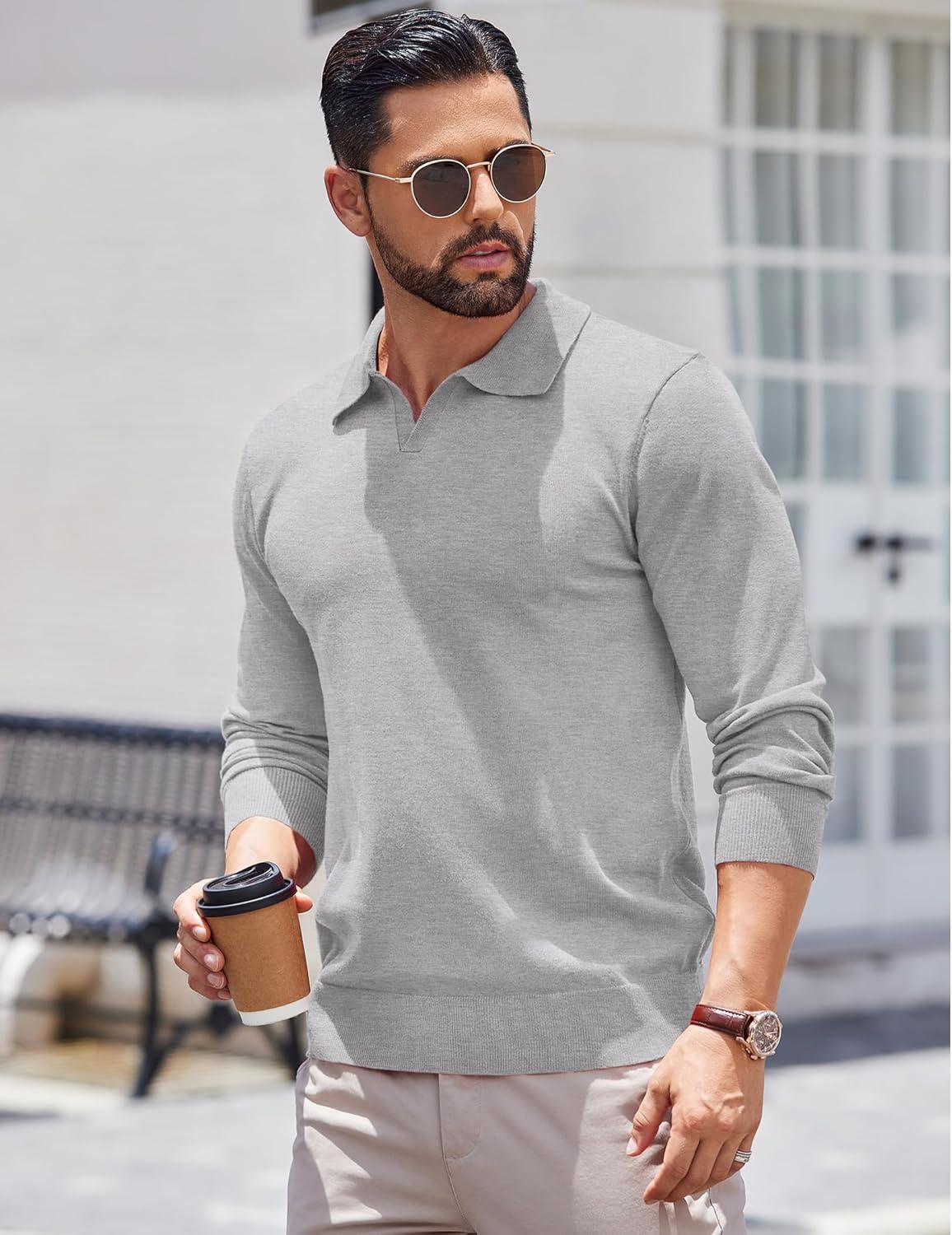 imageCOOFANDY Mens Knit Polo Shirts Long Sleeve Casual Polo Sweaters Shirt Waffle Textured Collared SweaterLight Gray