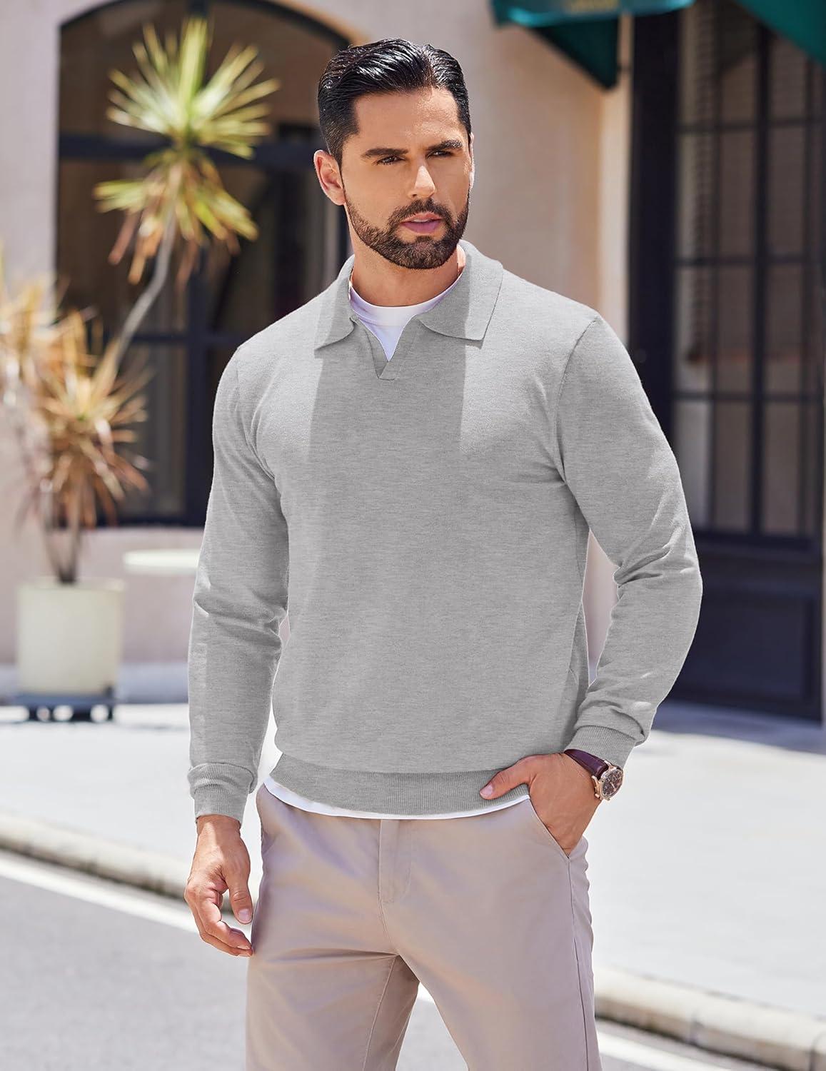 imageCOOFANDY Mens Knit Polo Shirts Long Sleeve Casual Polo Sweaters Shirt Waffle Textured Collared SweaterLight Gray