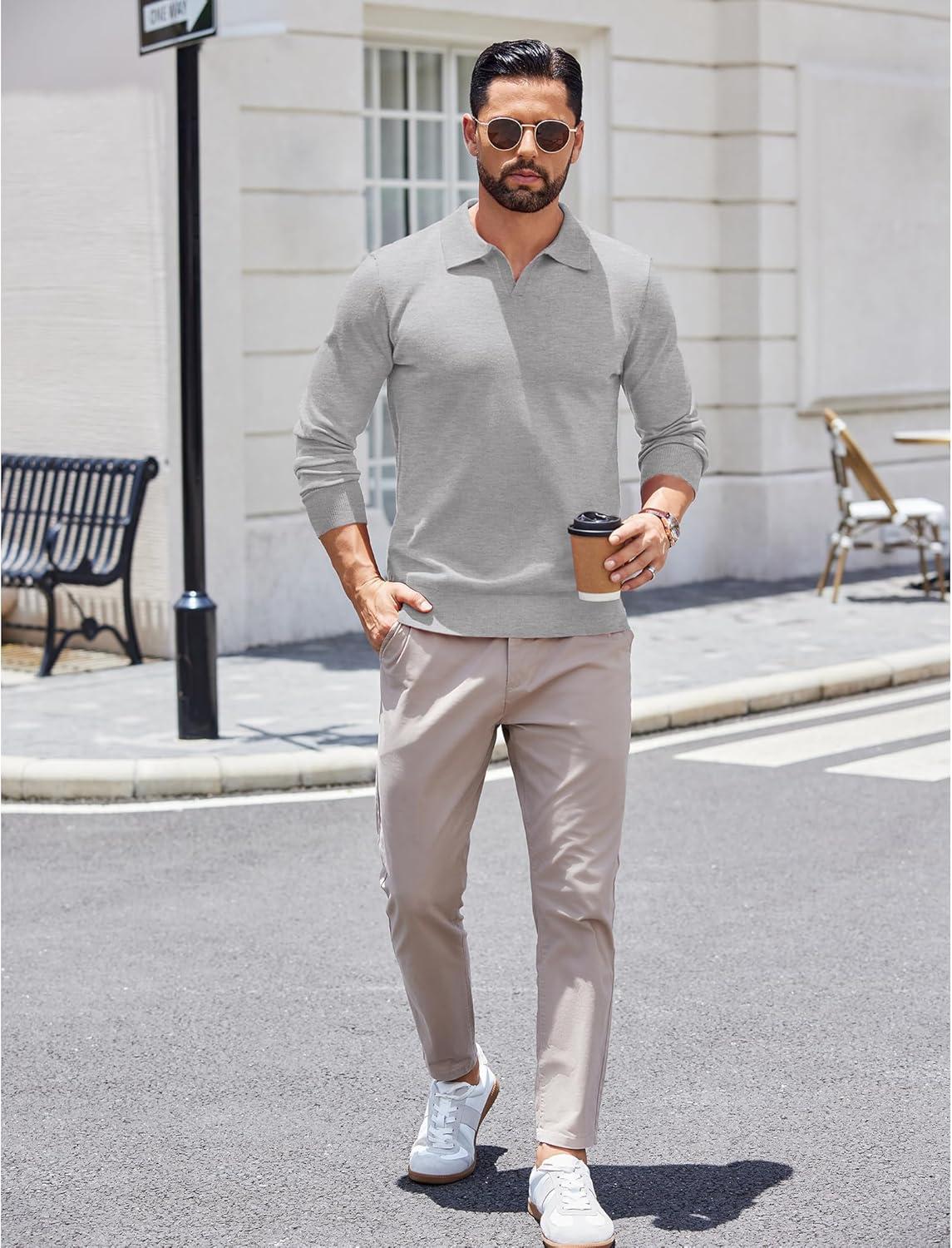 imageCOOFANDY Mens Knit Polo Shirts Long Sleeve Casual Polo Sweaters Shirt Waffle Textured Collared SweaterLight Gray