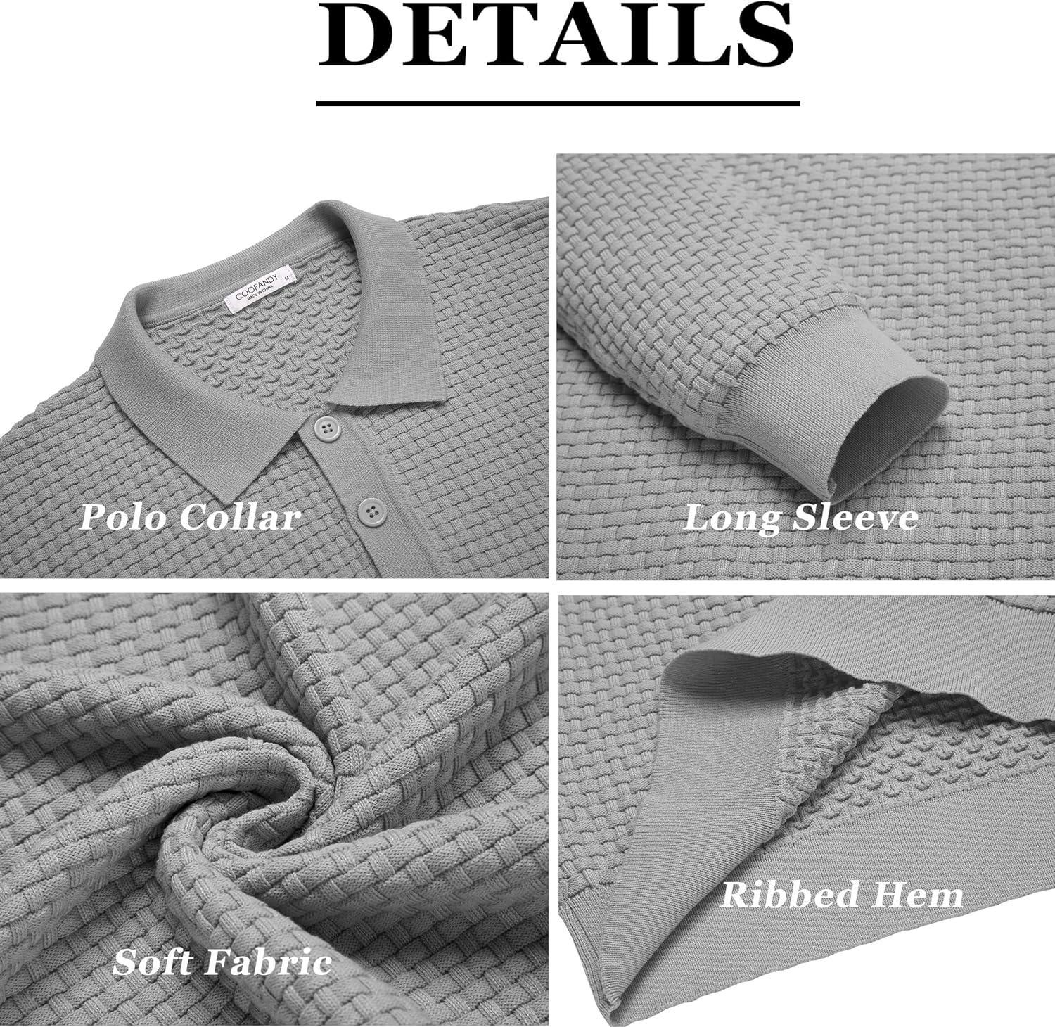 imageCOOFANDY Mens Knit Polo Shirts Long Sleeve Casual Polo Sweaters Shirt Waffle Textured Collared SweaterLight Grey