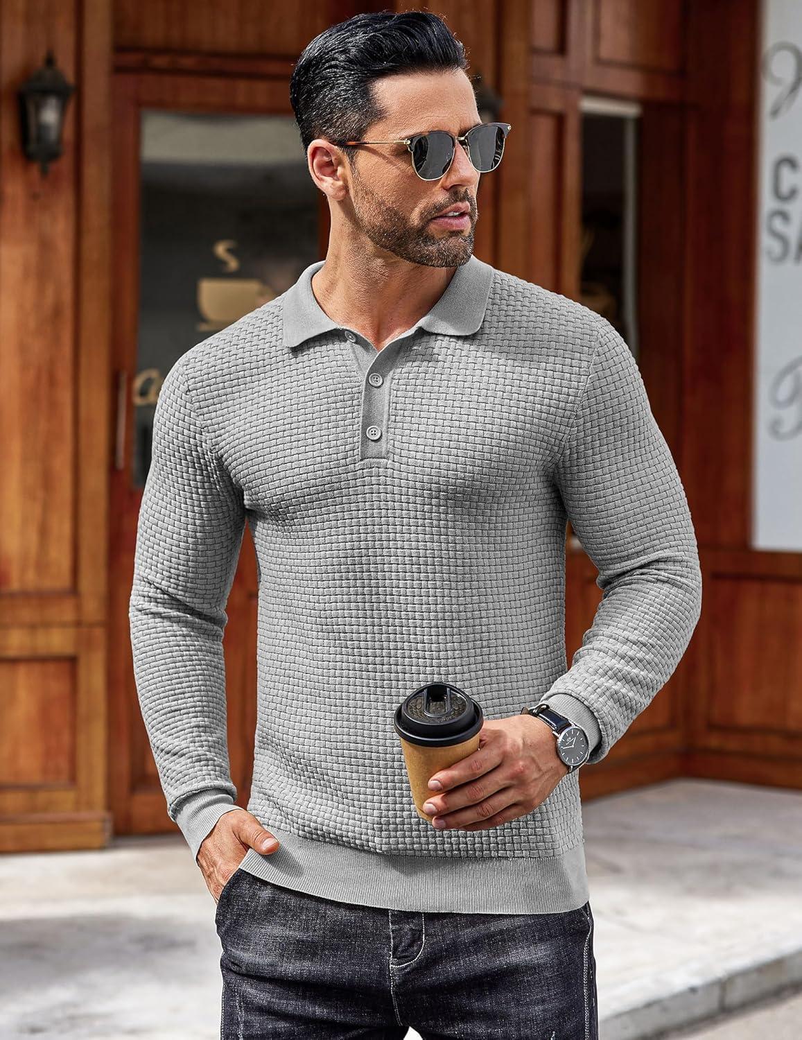 imageCOOFANDY Mens Knit Polo Shirts Long Sleeve Casual Polo Sweaters Shirt Waffle Textured Collared SweaterLight Grey